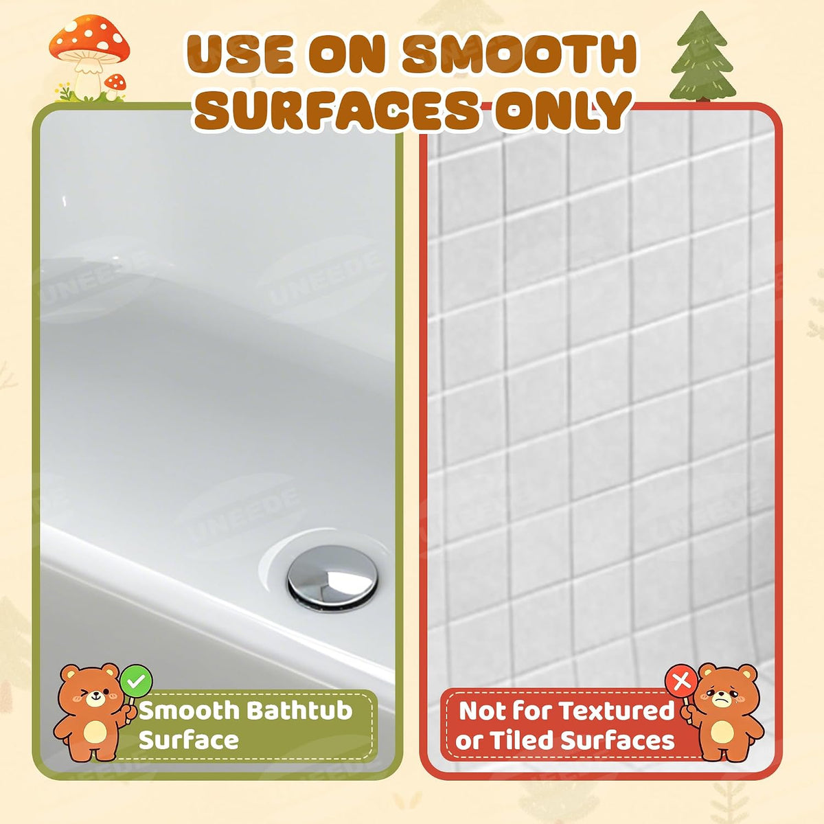 Non Slip Bathtub Mat for Kids Natural Rubber Toddler Bath Mat with 126 Suction Cups and 43 Drainage Holes, Soft Machine Washable Bathroom Essentials