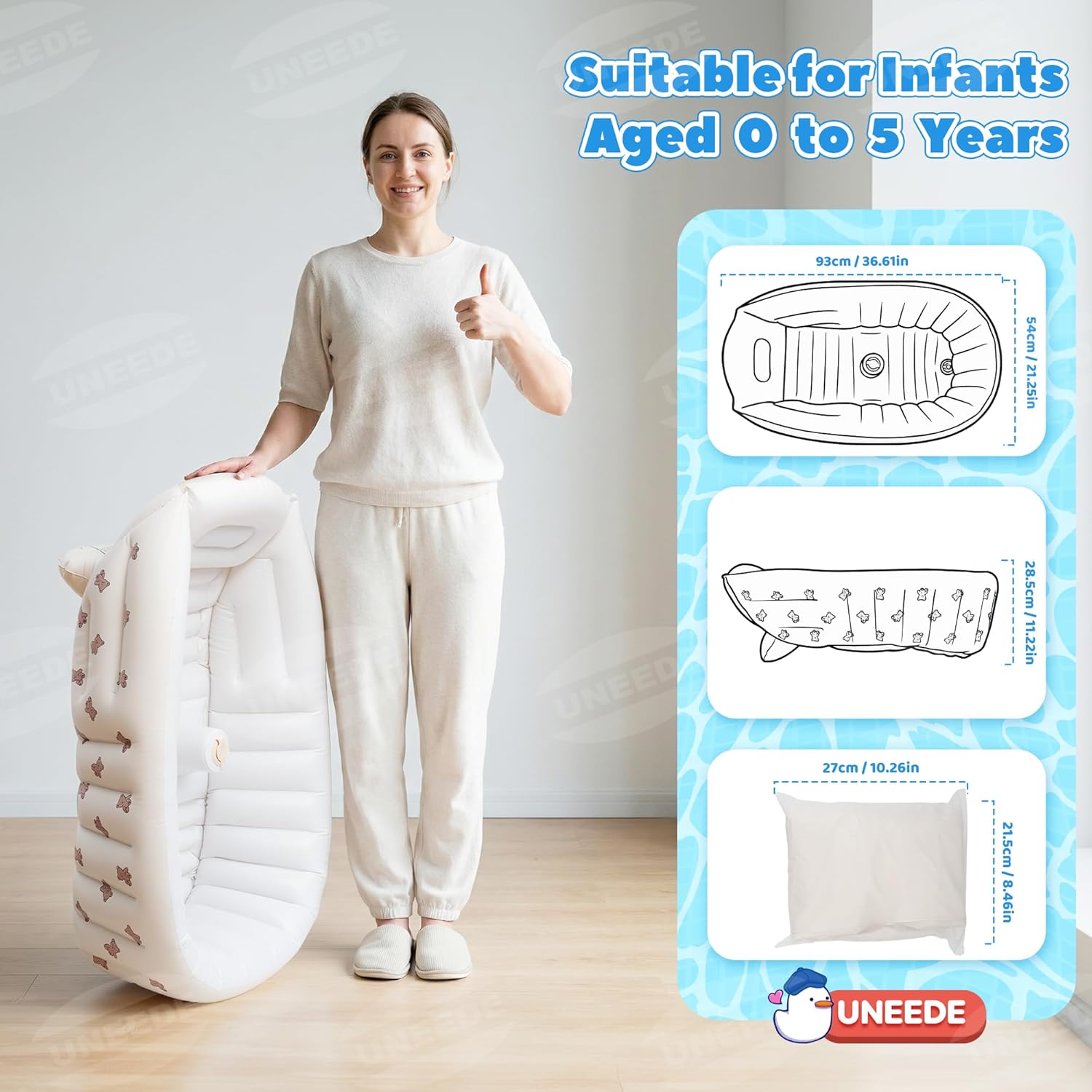 UNEEDE Inflatable Bathtub for Toddlers, Portable Baby Tub with Built-in Air Pump, Anti-Slip Design with Big Drain, Perfect for 0-6 Months Newborn and up, Ideal for Home Travel & Beach