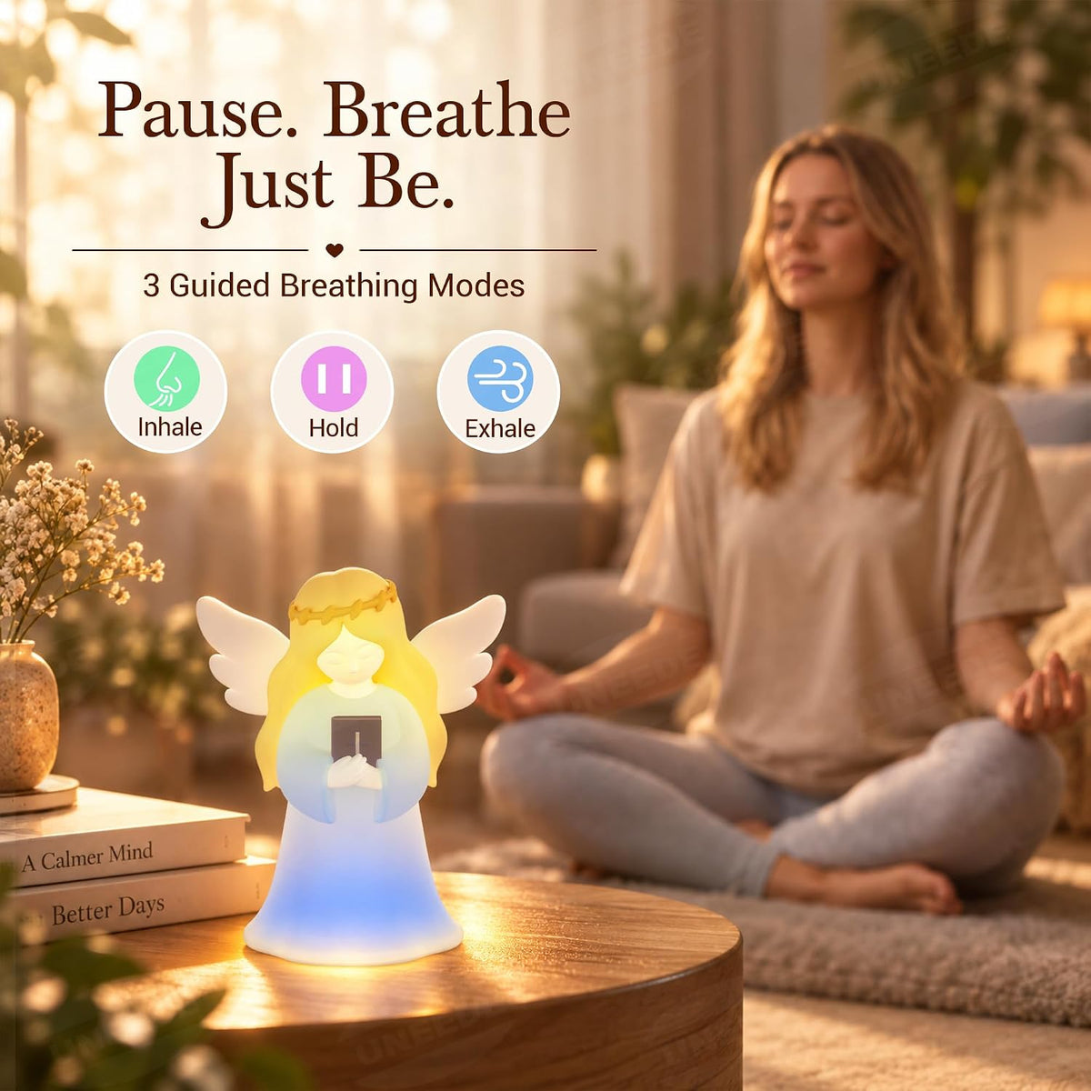 Angel Night Light with NFC Bible Verses, Bible-Holding Figurine Christian gift for women with 3 guided breathing patterns, 4 light modes, a rechargeable battery and an auto-off timer