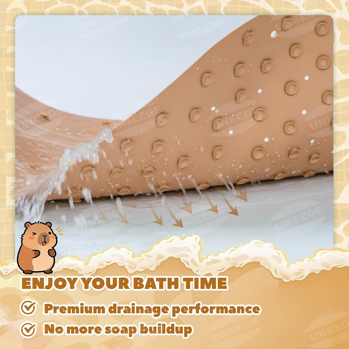 Kids Bathtub Mat Non Slip, Soft Rubber Shower Mat for Toddler Machine Washable Bath Mat with 100+ suction cups and 50+ Drainage Holes, 30"x18" Cute Capybara Design, Baby Bath Essentials