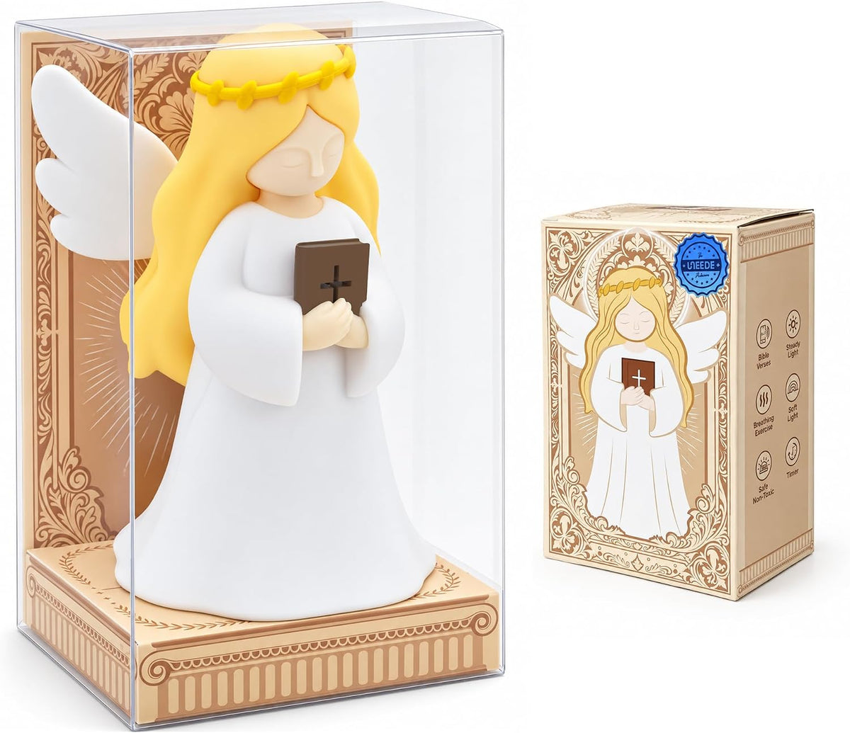 Angel Night Light with NFC Bible Verses, Bible-Holding Figurine Christian gift for women with 3 guided breathing patterns, 4 light modes, a rechargeable battery and an auto-off timer