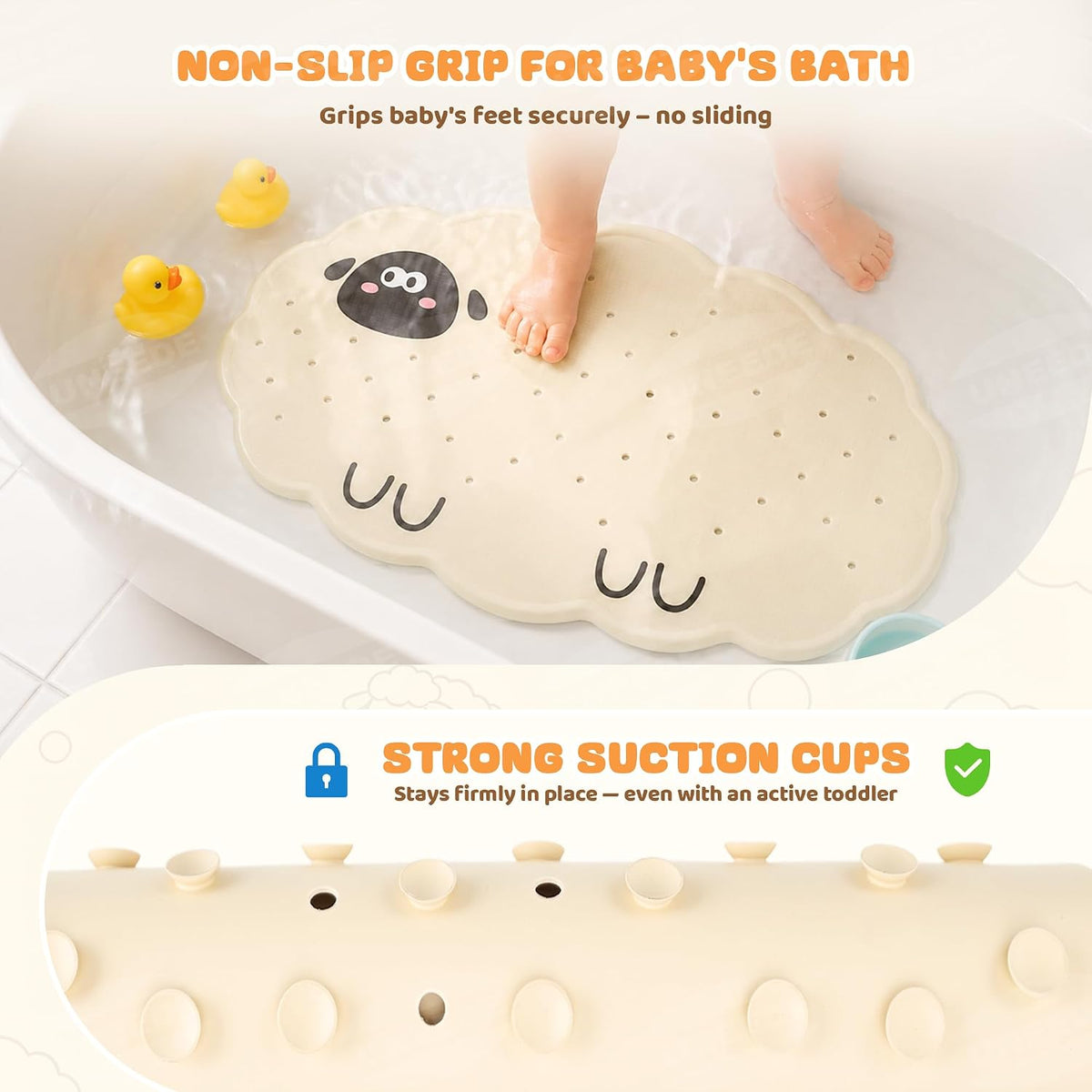 Non Slip Bathtub Mat for Kids Natural Rubber Toddler Bath Mat with 113 Suction Cups and 46 Drainage Holes, Machine Washable Bath Essential, 27.5x15.7 Beige