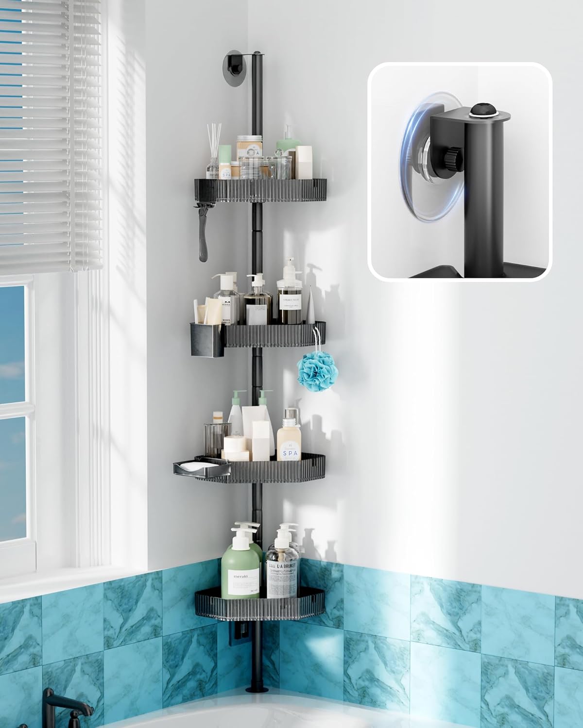 UNEEDE Corner Shower Caddy Pole for Bathroom Bathtub,4 Tier Adjustable Height Acrylic Storage Shelves, Floor Standing Bath Rack for Bathroom,Large Capacity Easy Installation Shower Organizer