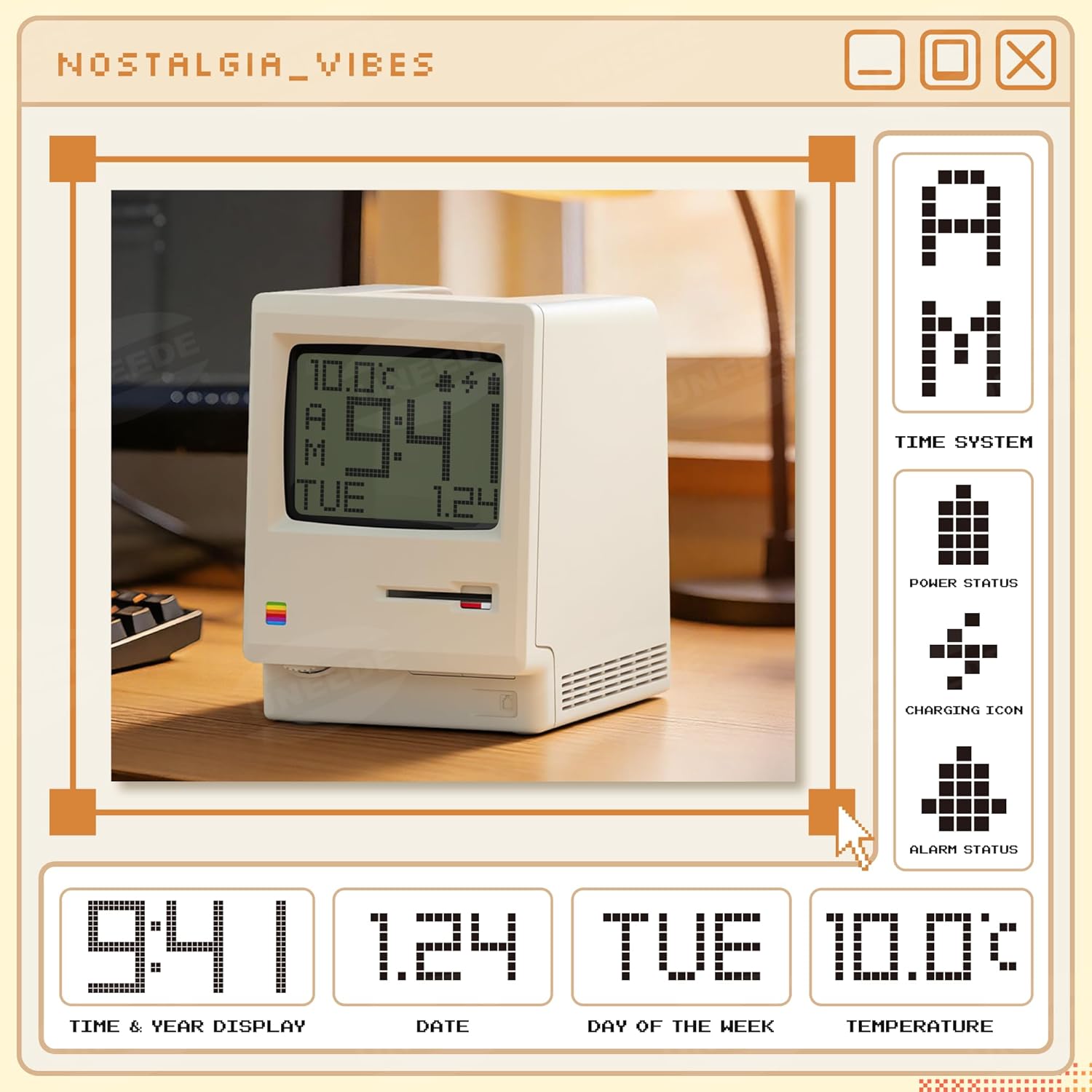UNEEDE Maclock Retro Desk Clock, 1984 W-8 Computer Inspired Pixel Display Rechargeable Desk Clock, Multi-Alarm, Calendar, Temperature, Dimmable, Unique Retro Tech Gift for Office Bedroom Night Light