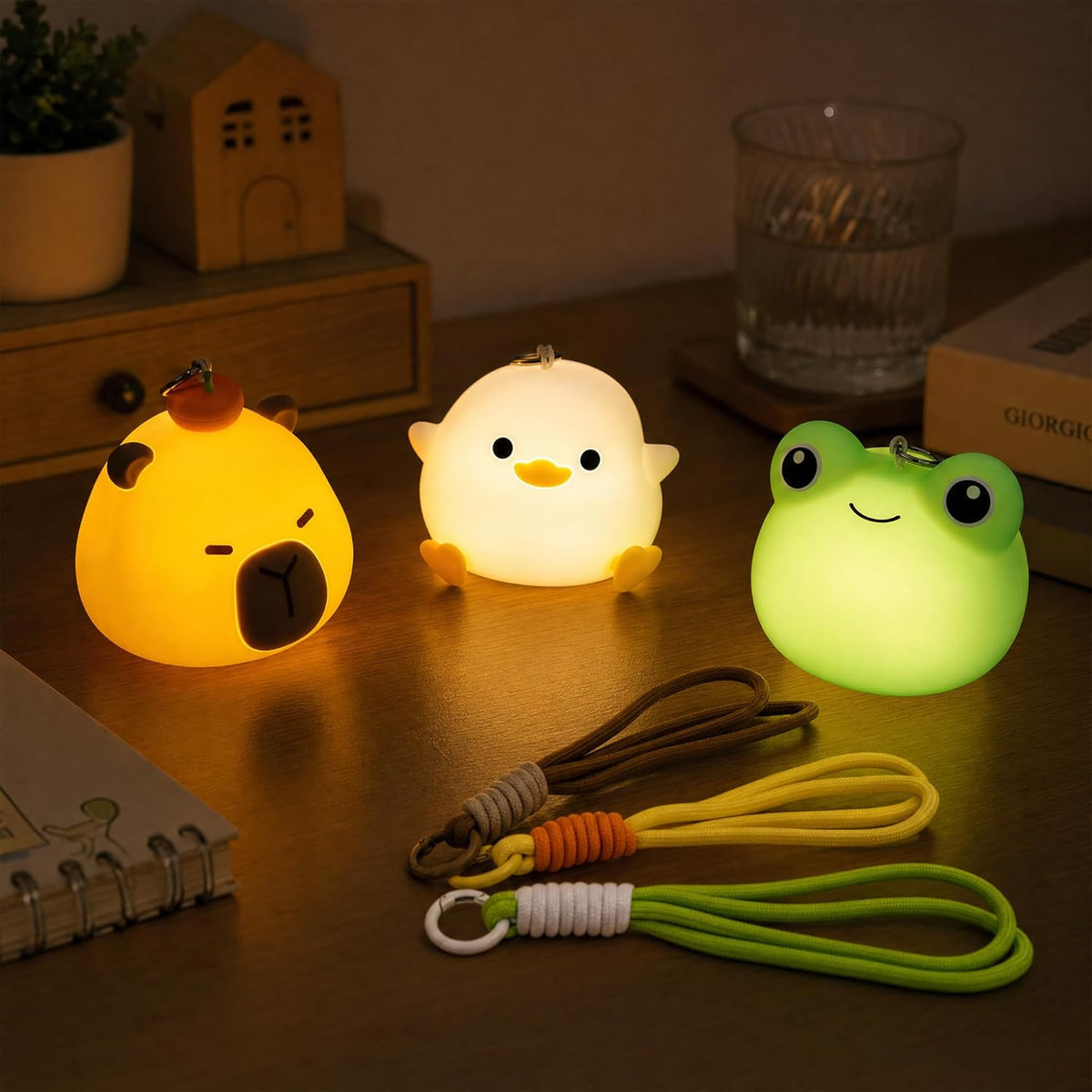3 Pack Mini Animal Night Light Set, Mini Capybara, Frog & Duck Lamp 8 Color Changing Rechargeable Night Light for Kids,with Lanyards Silicone Squishy Kawaii Room Decor, Gifts