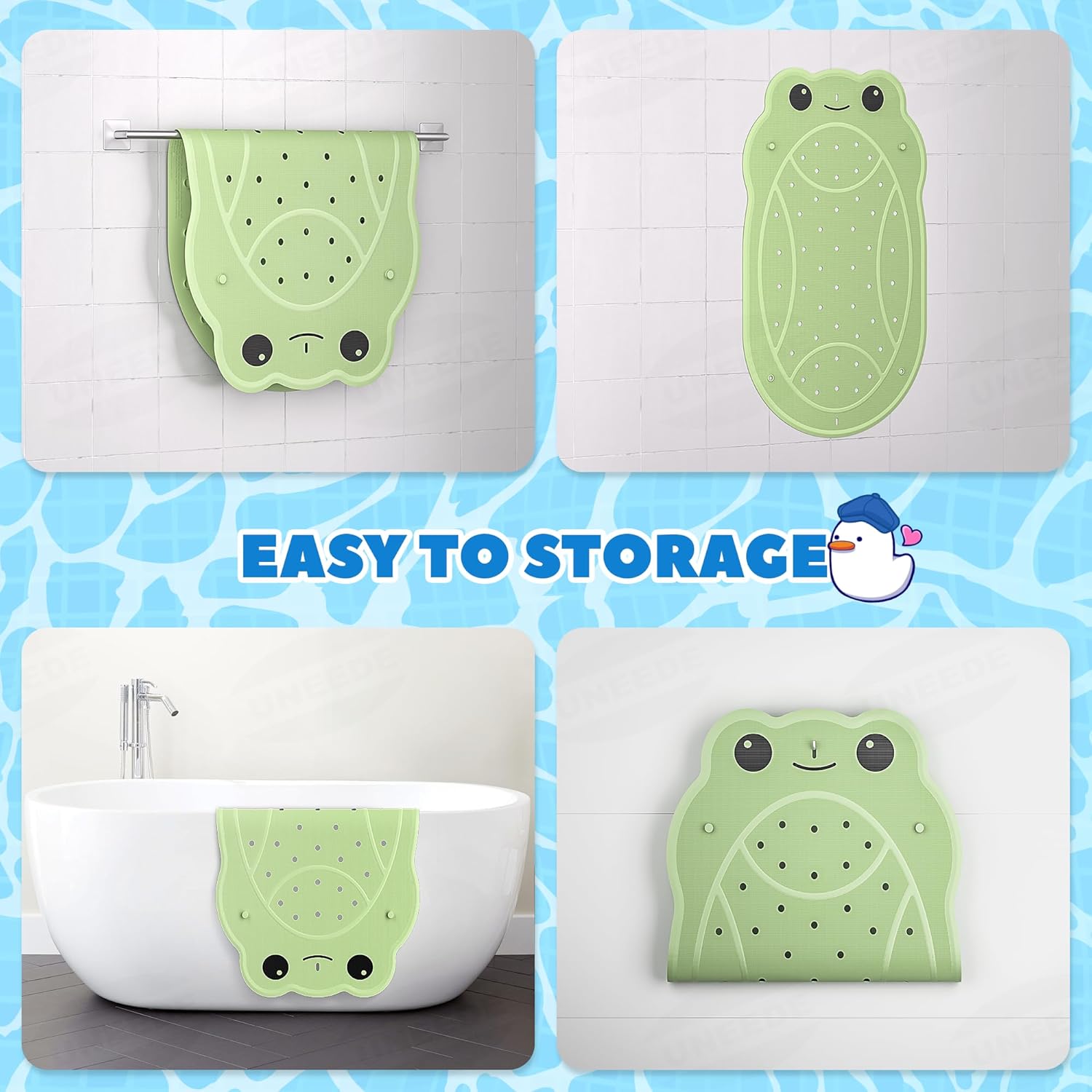 UNEEDE Green Frog Kids Bathtub Mat Non Slip Shower Mat for Toddlers, Washable Anti Slip Tub Surface, Soft Rubber Mat for Bathtub Shower, Waterproof Bathtub Essentials for Children