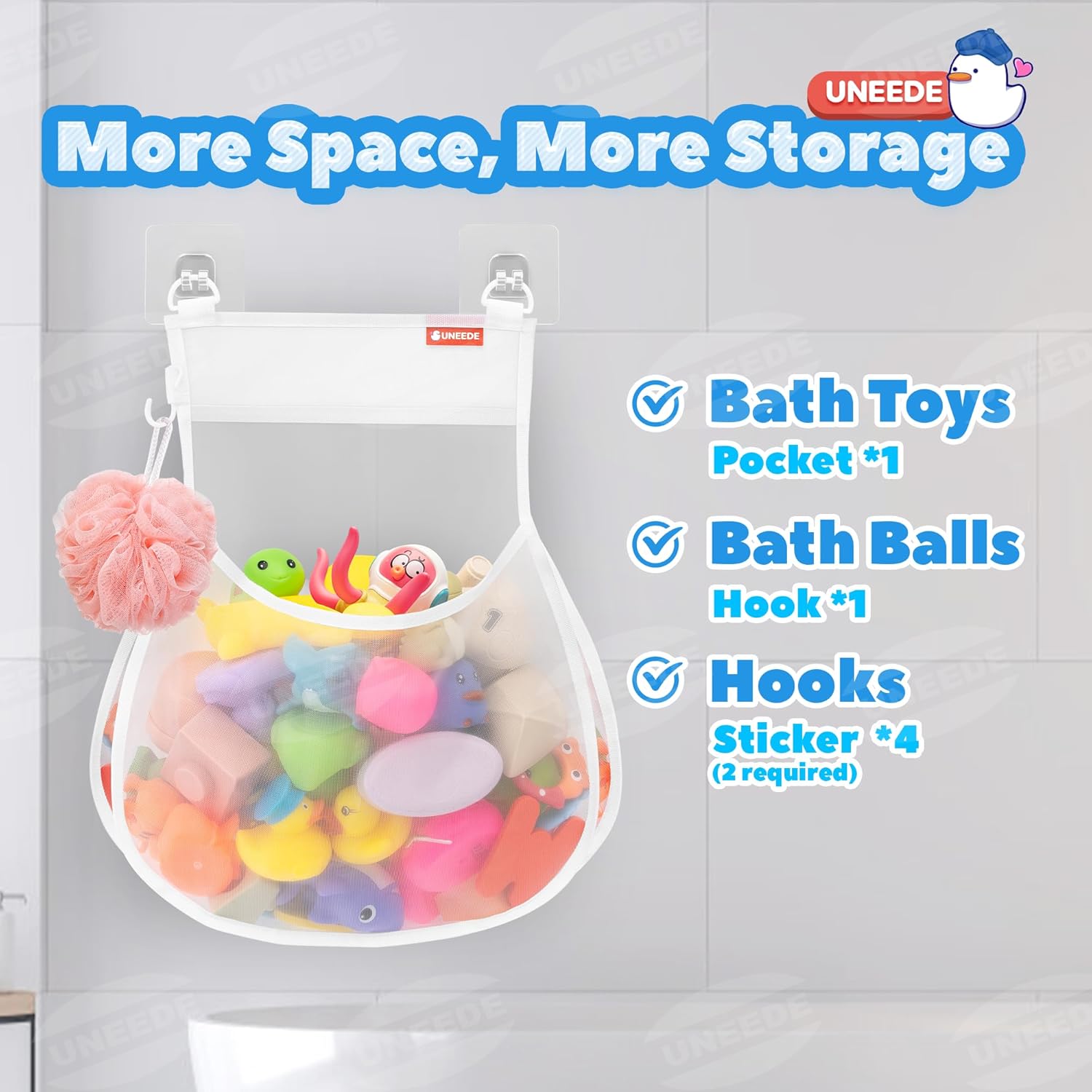 UNEEDE Wall Mounted Bath Toy Storage Holder,2 Gallons Bathtub Toy Storage Organizer,Mesh Shower Caddy For Bathtub Toy Organizer And Storage,Quick Dry Bath Toy Organizer,Bath Toy Holder