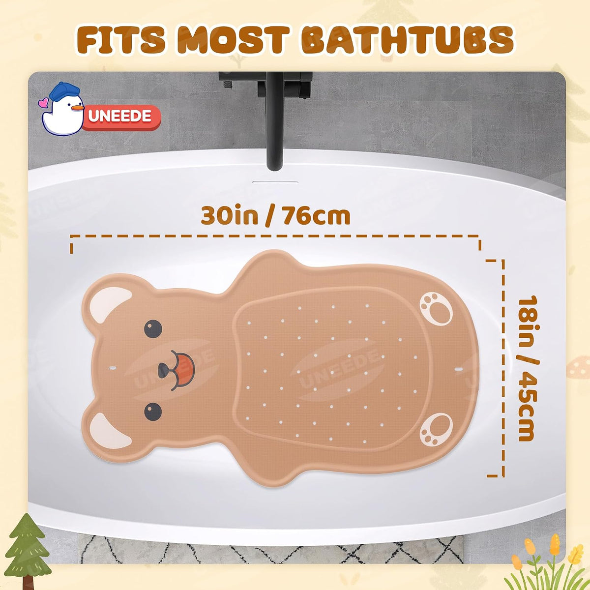 Non Slip Bathtub Mat for Kids Natural Rubber Toddler Bath Mat with 126 Suction Cups and 43 Drainage Holes, Soft Machine Washable Bathroom Essentials