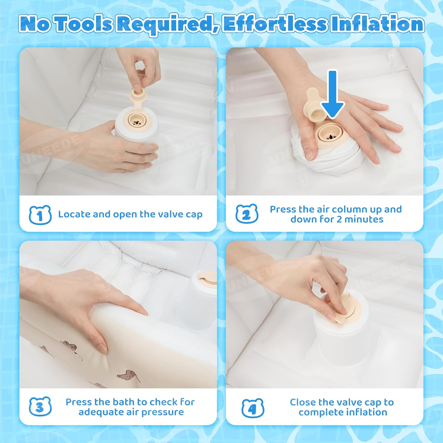 UNEEDE Inflatable Bathtub for Toddlers, Portable Baby Tub with Built-in Air Pump, Anti-Slip Design with Big Drain, Perfect for 0-6 Months Newborn and up, Ideal for Home Travel & Beach