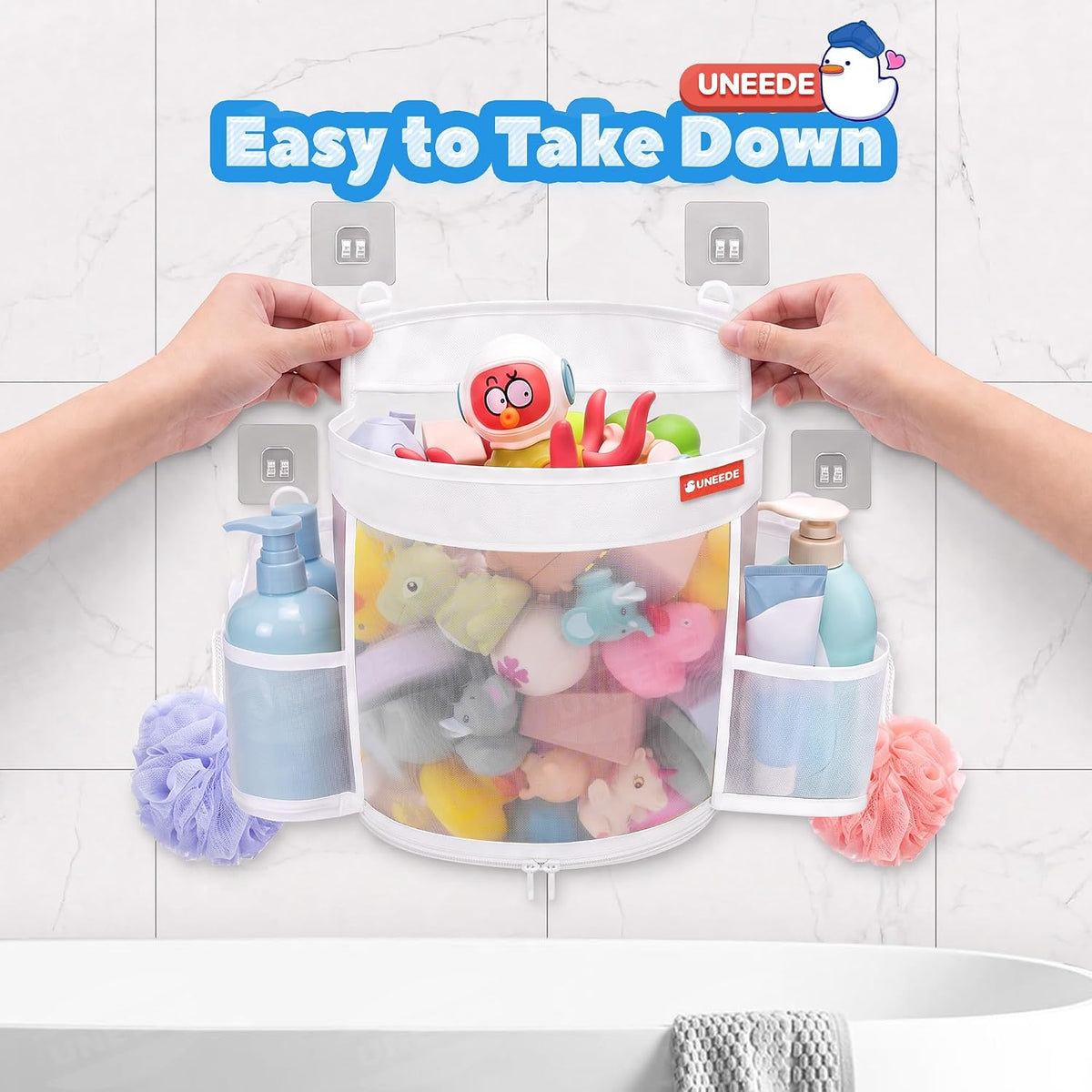 4.5 Gallons Bath Toy Storage with 2 Side Pockets, Quick-Dry Mesh Organizer Large-Opening Bath Toy Holder with Bottom Zipper for Easy Access, Space-Saving Organizer for Kids Bathtubs