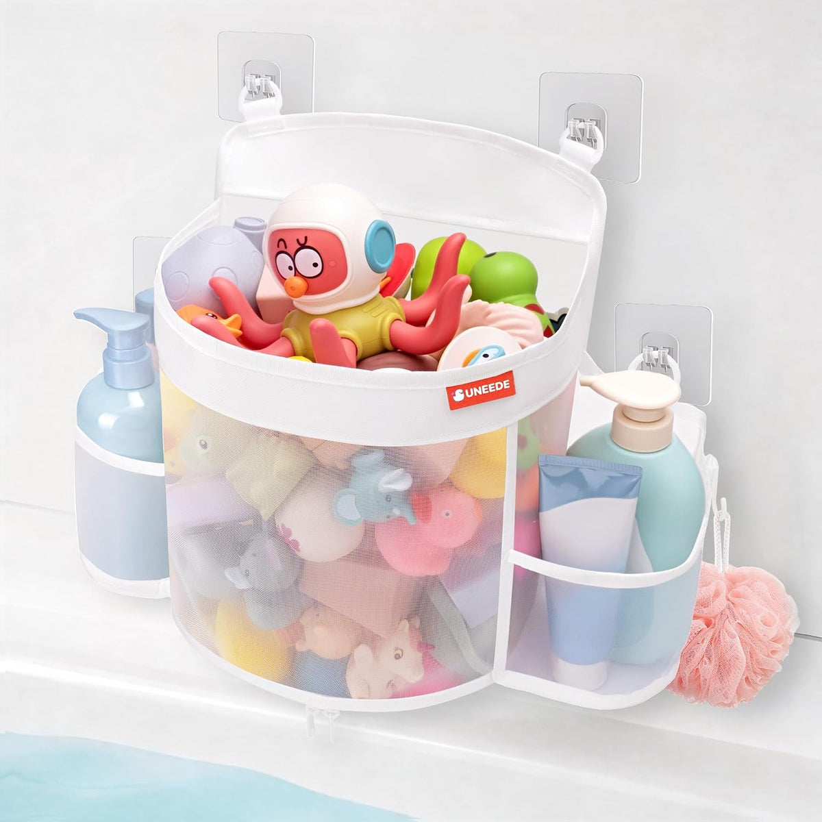4.5 Gallons Bath Toy Storage with 2 Side Pockets, Quick-Dry Mesh Organizer Large-Opening Bath Toy Holder with Bottom Zipper for Easy Access, Space-Saving Organizer for Kids Bathtubs