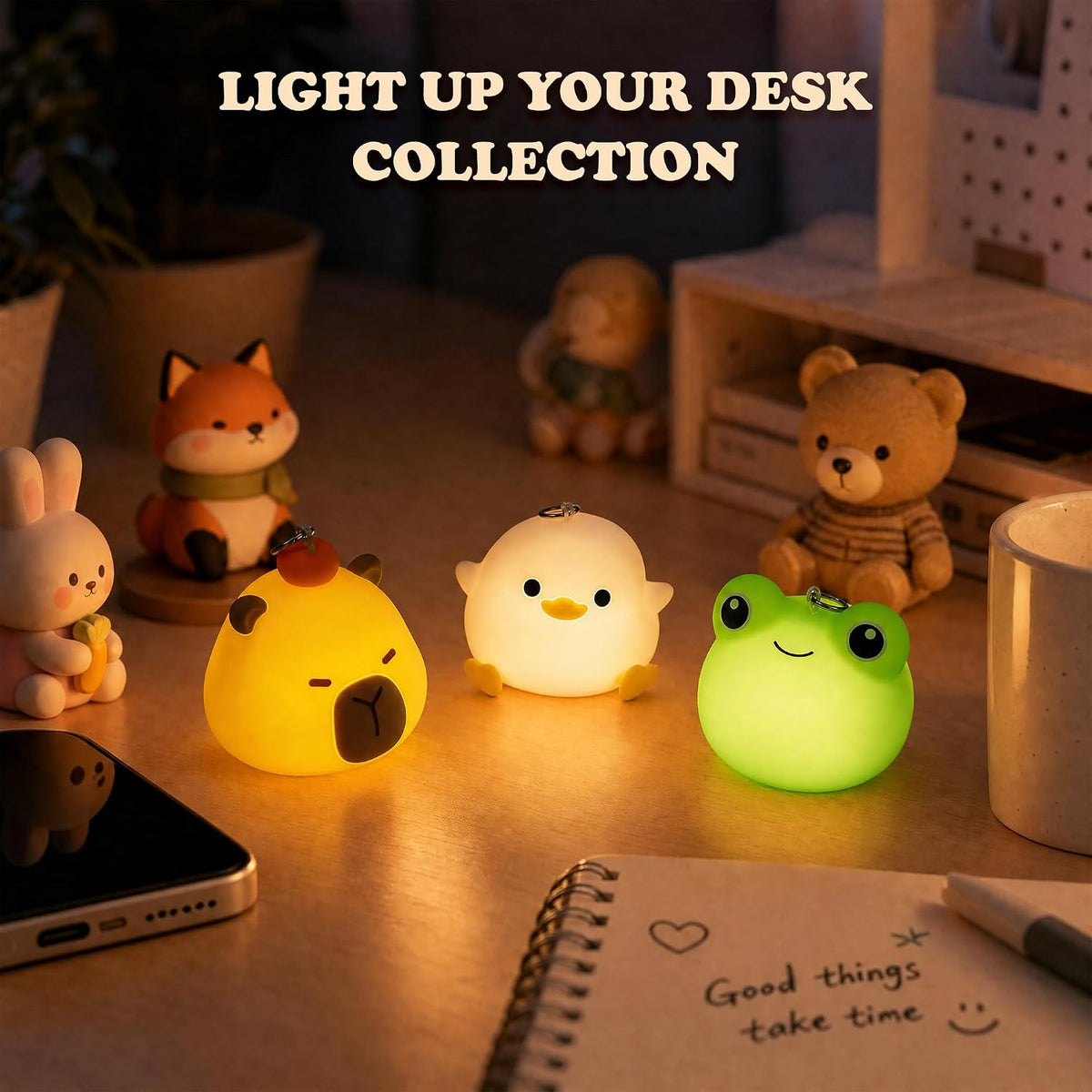 3 Pack Mini Animal Night Light Set, Mini Capybara, Frog & Duck Lamp 8 Color Changing Rechargeable Night Light for Kids,with Lanyards Silicone Squishy Kawaii Room Decor, Gifts