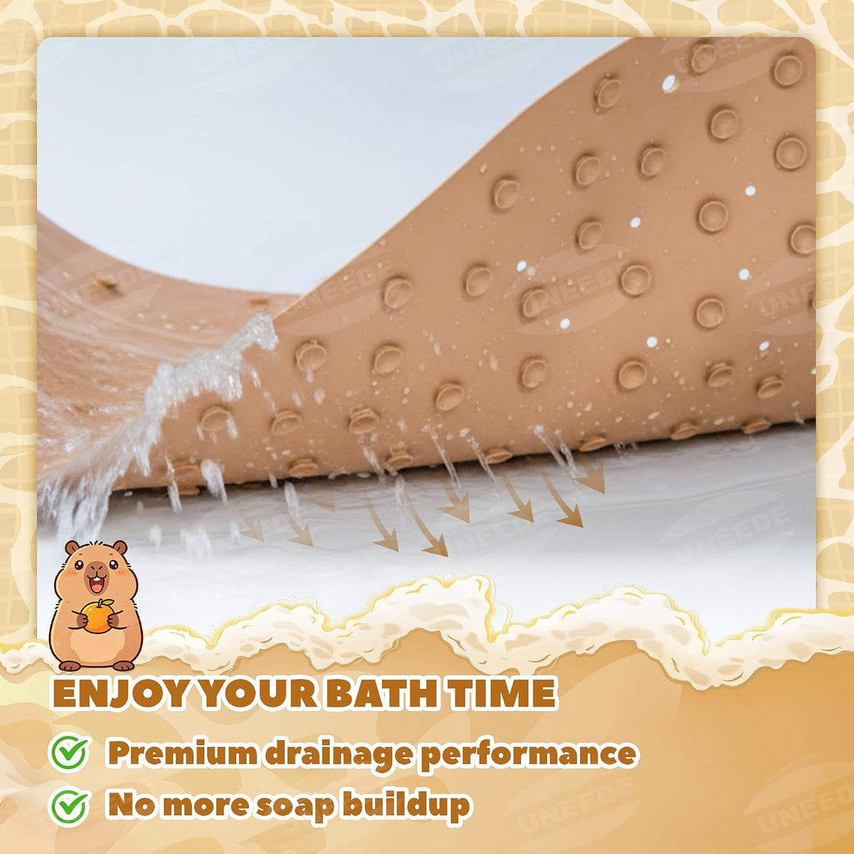 Non Slip Bathtub Mat for Kids Cute Capybara Baby Bath Mat for Tub with 100+ Suction Cups, Soft Rubber Washable Bath Mat, 30x18 Inches