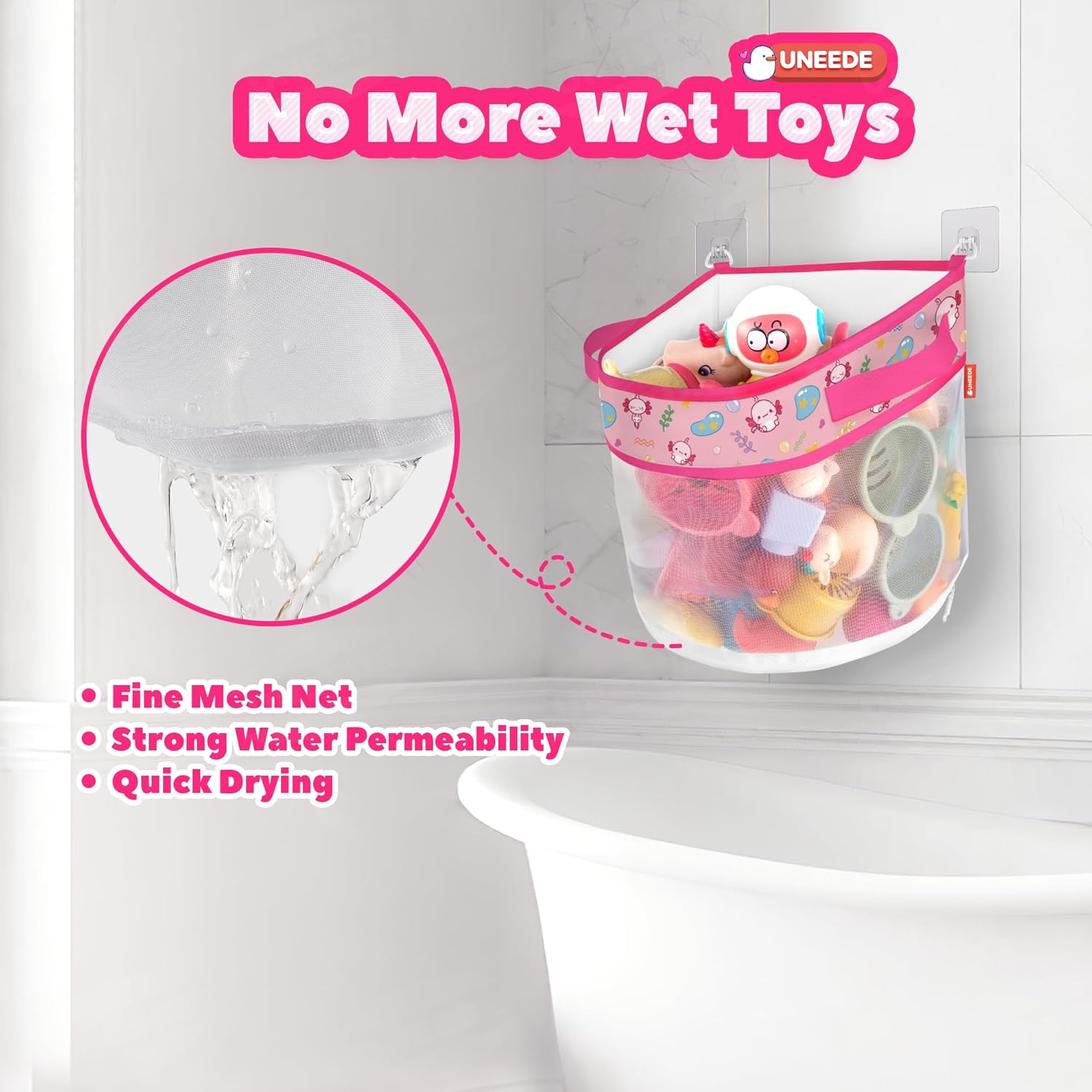 UNEEDE Axolotl Print Bath Tub Toy Storage,4.15 Gallons Bathtub Toy Storage Organizer,Bath Toy Holder for Bathtub Organizer and Storage,Quick Dry Bath Toy Organizer,Mesh Shower Caddy,Pink Axolotl Sutff