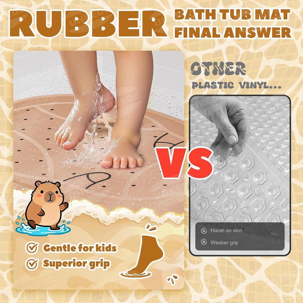 Kids Bathtub Mat Non Slip, Soft Rubber Shower Mat for Toddler Machine Washable Bath Mat with 100+ suction cups and 50+ Drainage Holes, 30"x18" Cute Capybara Design, Baby Bath Essentials