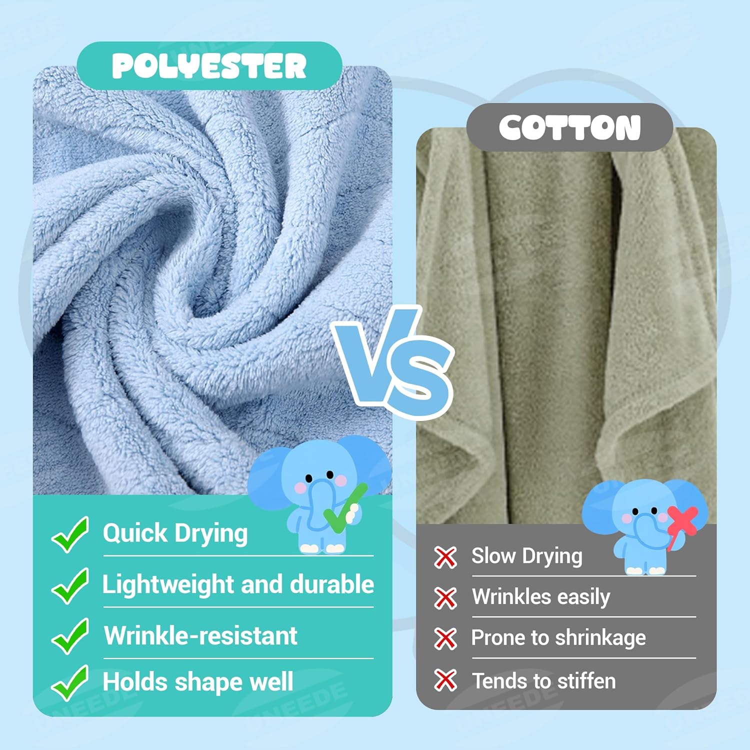 UNEEDE Blue Elephant Bath Hooded Towel for Kids,Extra Soft and Fast Drying Poncho for Toddlers Age 3-10,Kids Beach Hooded Towel Polyester Size 31 x 47 in,Machine Washable Poncho for Bath Beach Pool