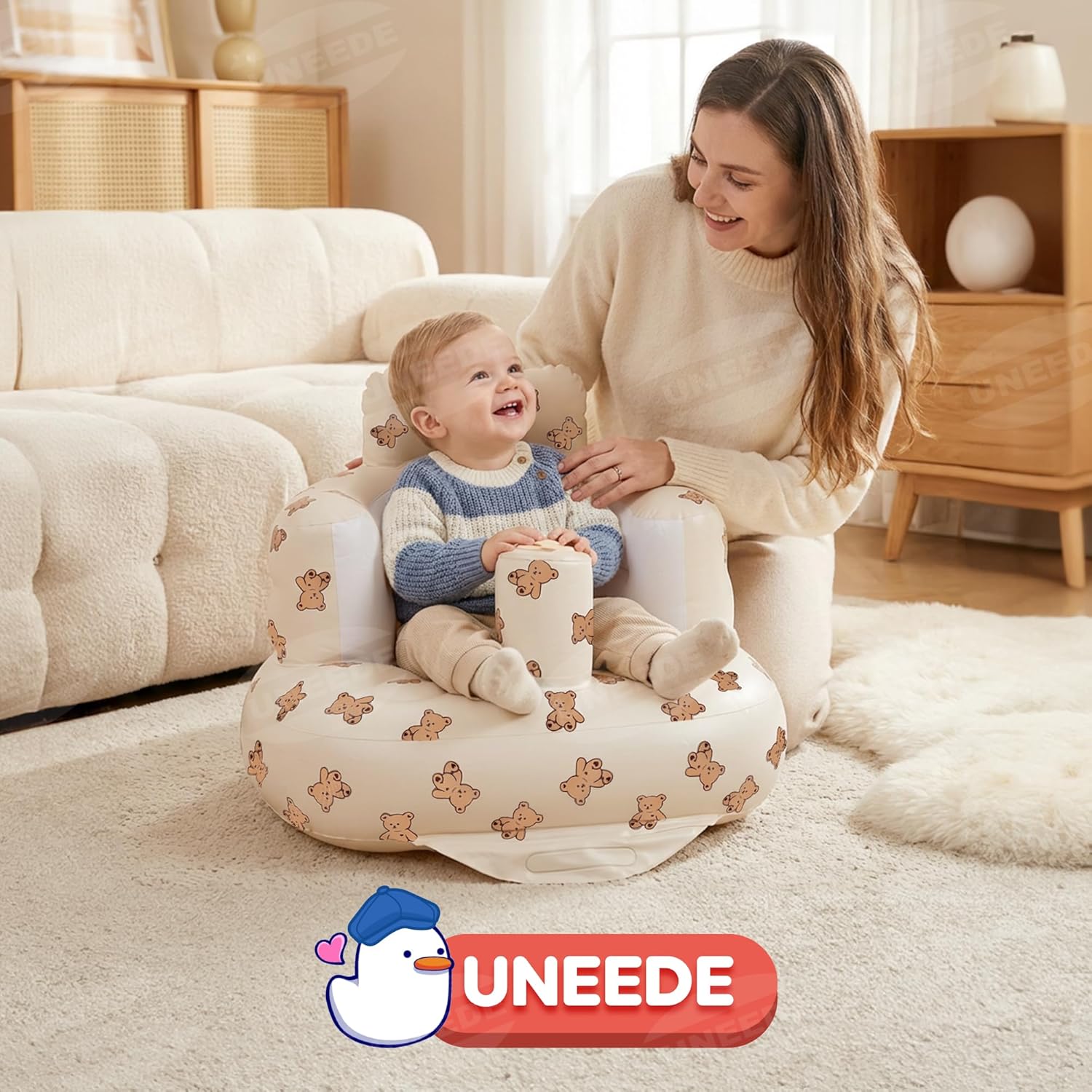 UNEEDE Inflatable Baby Seat for 3 Months & Up, Infant Floor Chair for Sitting Up with Built in Air Pump, Lightweight Travel Baby Bath Seat for Home, Camping, Beach & Outdoor