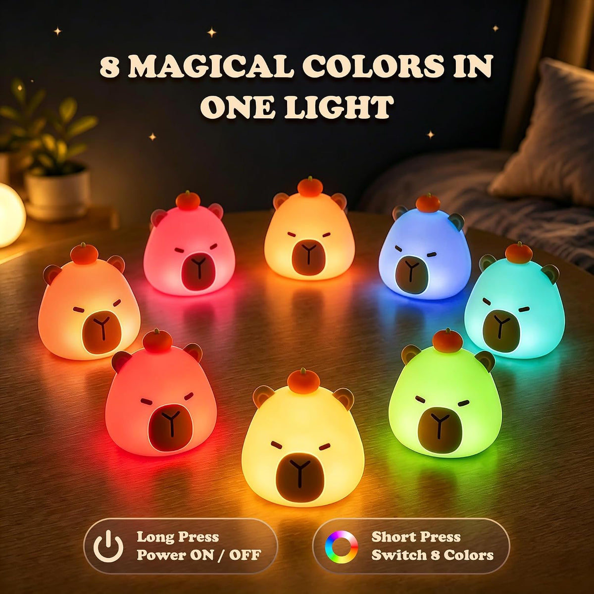 Mini Capybara Night Light with Lanyard, 8 Color Changing Rechargeabl Portable Mini Kids Night Light , Soft Silicone Cute Lamp for Bedroom & Camping, Capybara Gifts