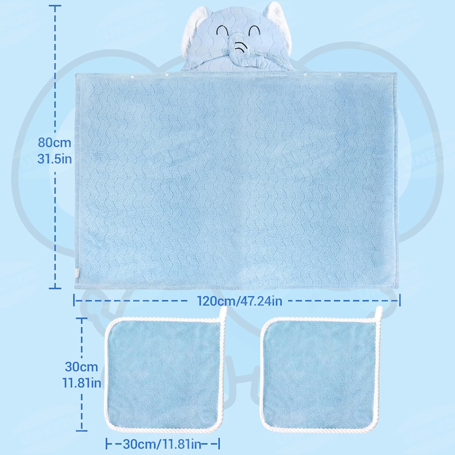 UNEEDE Blue Elephant Bath Hooded Towel for Kids,Extra Soft and Fast Drying Poncho for Toddlers Age 3-10,Kids Beach Hooded Towel Polyester Size 31 x 47 in,Machine Washable Poncho for Bath Beach Pool