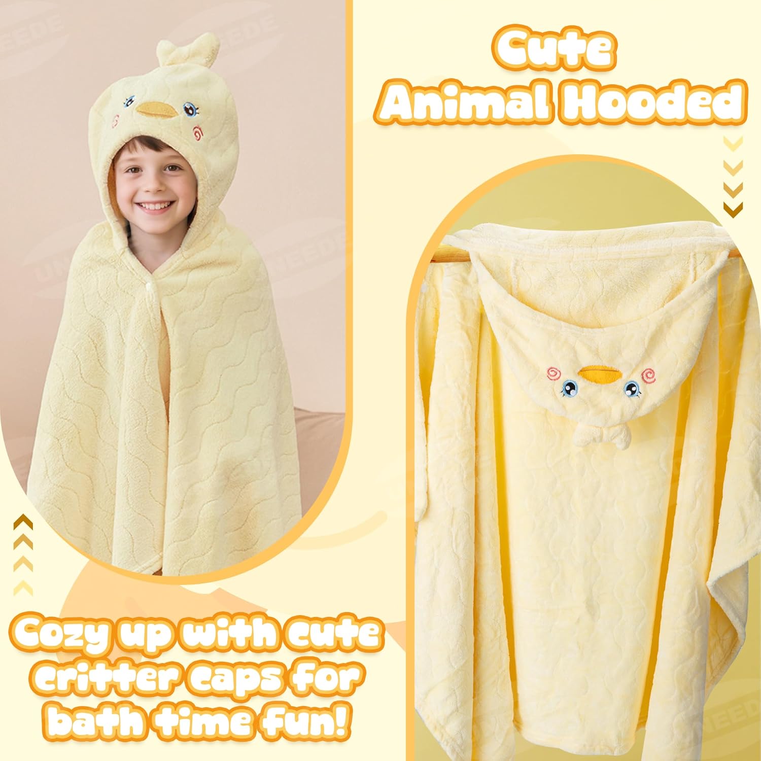 UNEEDE Yellow Duck Bath Hooded Towel for Kids,Extra Soft and Fast Drying Poncho for Toddlers Age 3-10,Kids Beach Hooded Towel Polyester Size 31 x 47 in,Machine Washable Poncho for Bath Beach Pool