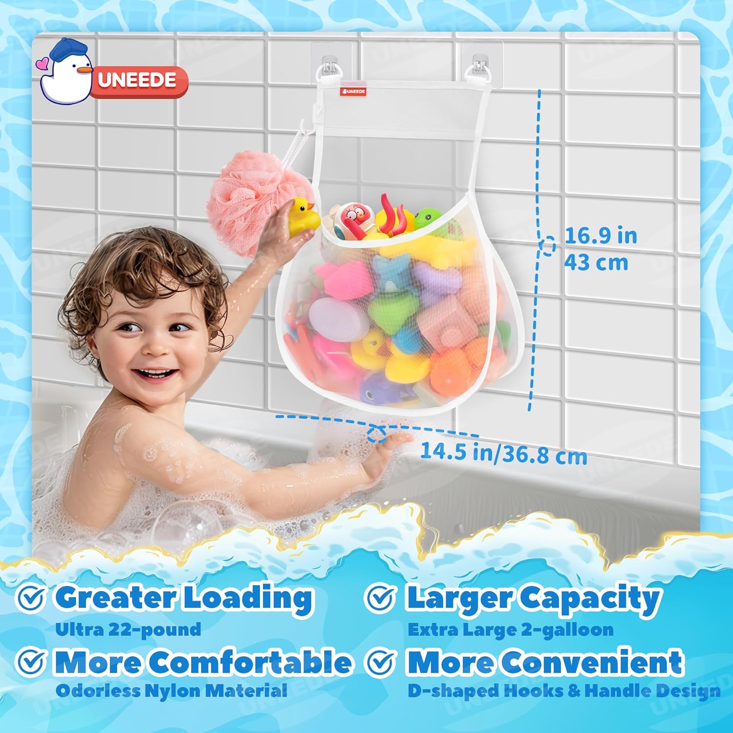 UNEEDE Wall Mounted Bath Toy Storage Holder,2 Gallons Bathtub Toy Storage Organizer,Mesh Shower Caddy For Bathtub Toy Organizer And Storage,Quick Dry Bath Toy Organizer,Bath Toy Holder