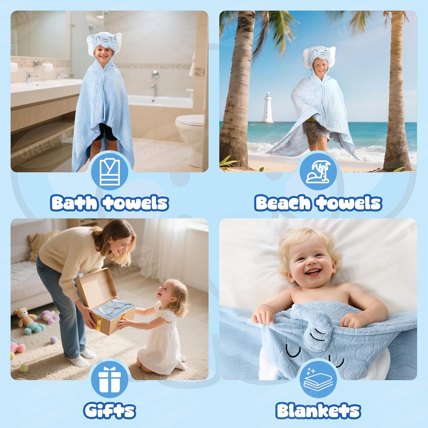 UNEEDE Blue Elephant Bath Hooded Towel for Kids,Extra Soft and Fast Drying Poncho for Toddlers Age 3-10,Kids Beach Hooded Towel Polyester Size 31 x 47 in,Machine Washable Poncho for Bath Beach Pool