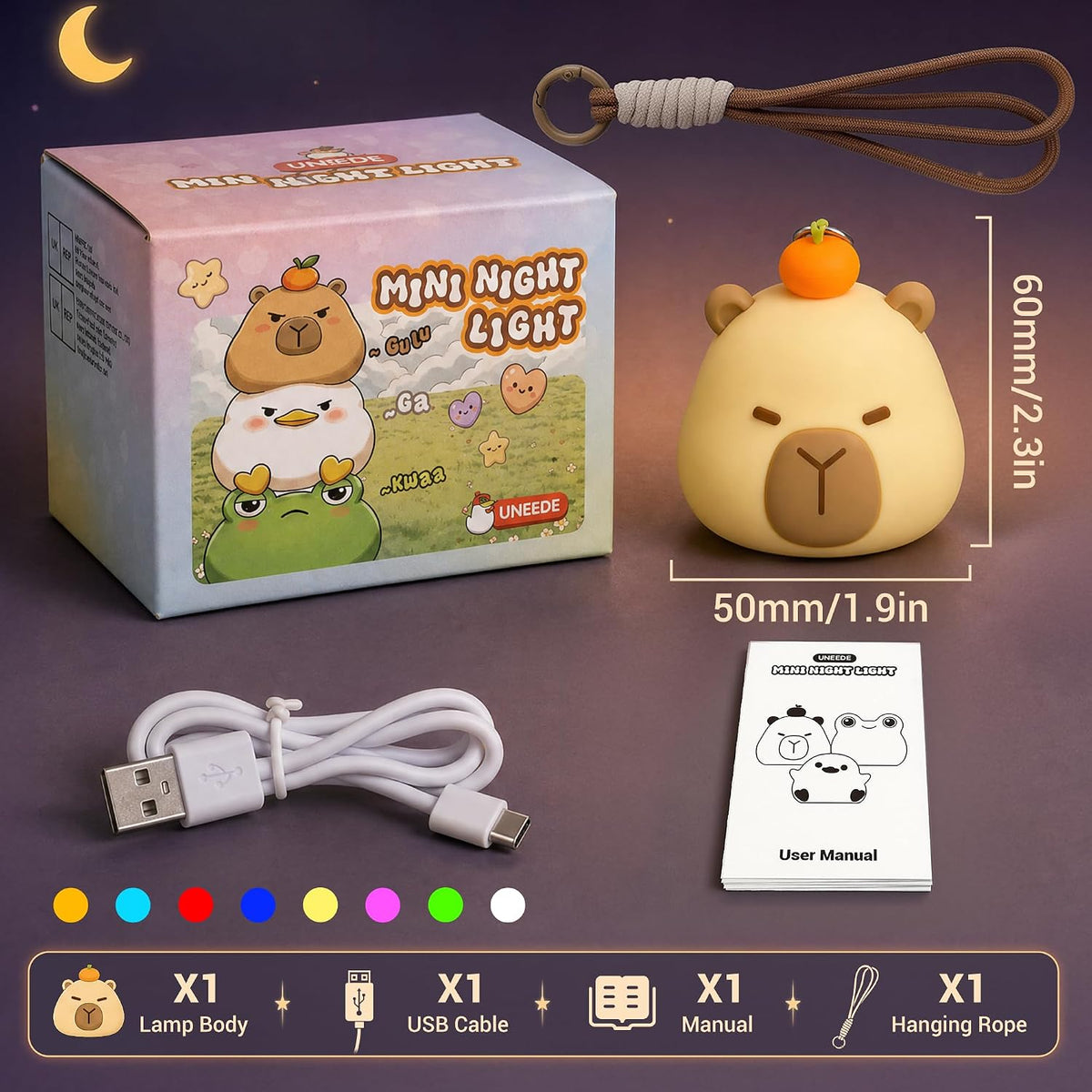 Mini Capybara Night Light with Lanyard, 8 Color Changing Rechargeabl Portable Mini Kids Night Light , Soft Silicone Cute Lamp for Bedroom & Camping, Capybara Gifts