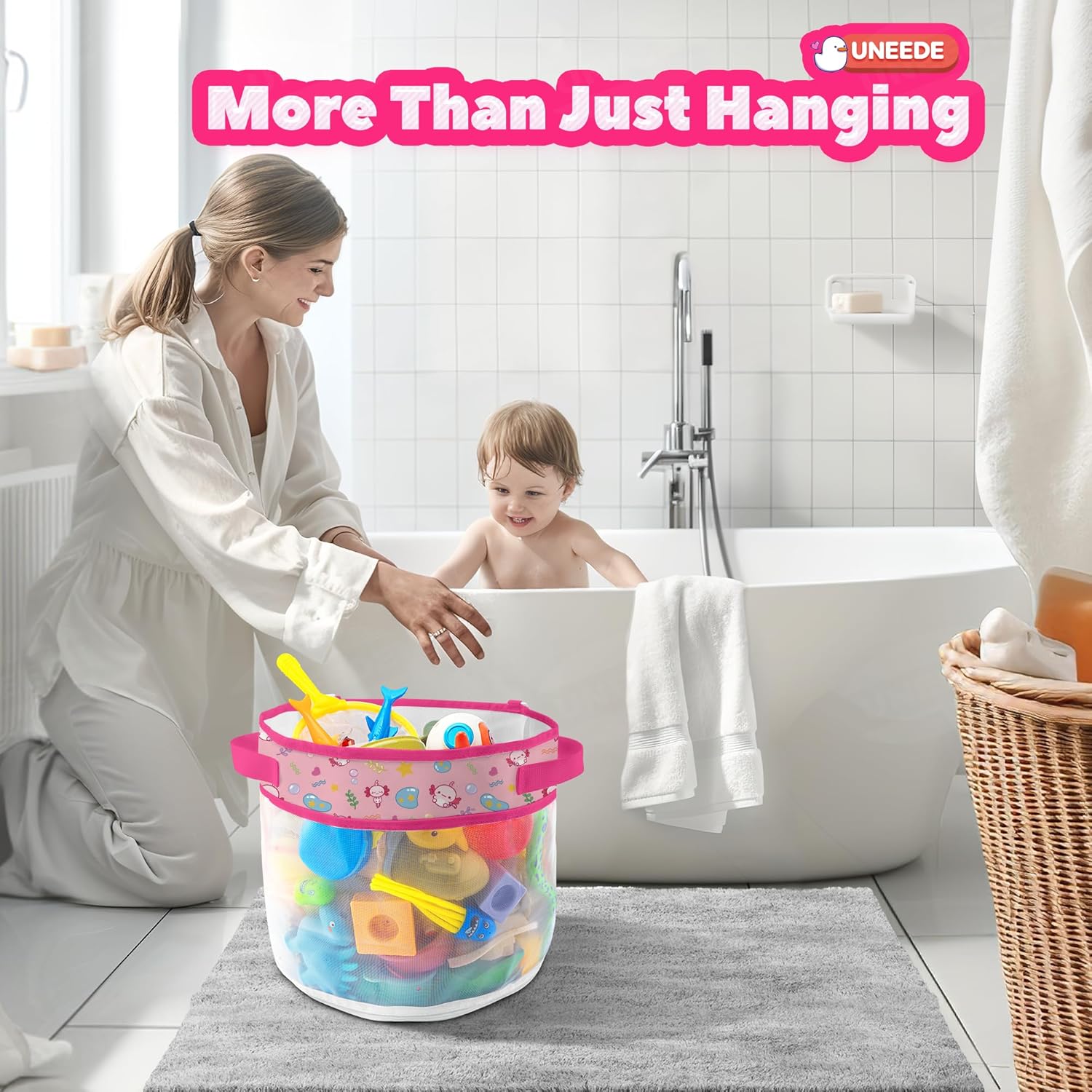 UNEEDE Axolotl Print Bath Tub Toy Storage,4.15 Gallons Bathtub Toy Storage Organizer,Bath Toy Holder for Bathtub Organizer and Storage,Quick Dry Bath Toy Organizer,Mesh Shower Caddy,Pink Axolotl Sutff