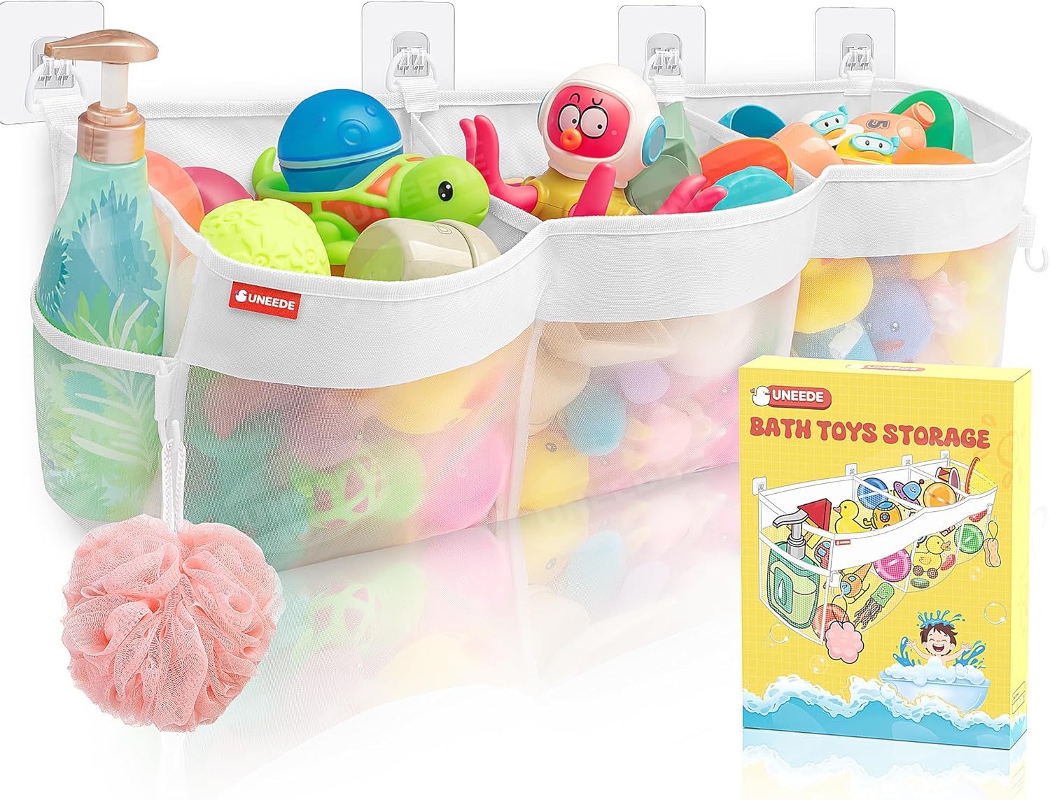 UNEEDE 3 Compartment Horizontal Bath Tub Toy Storage,4.95 Gallons Bathtub Toy Storage Organizer,Bath Toy Holder For Bathtub,Baby Organizer And Storage,Bath Toy Organizer For Tub,Mesh Shower Caddy