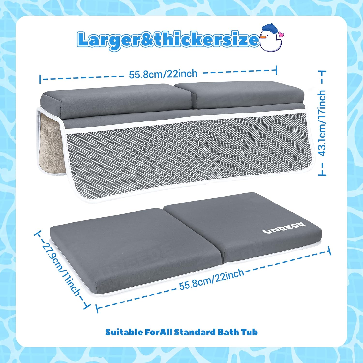 UNEEDE Baby Bath Kneeler and Elbow Rest Pad Set, 1.5” Thick Memory Foam Bath Kneeling Pad with Elbow Support, Bathtub Mat with Toy Organizer for Bathing Infant or Toddler, Grey