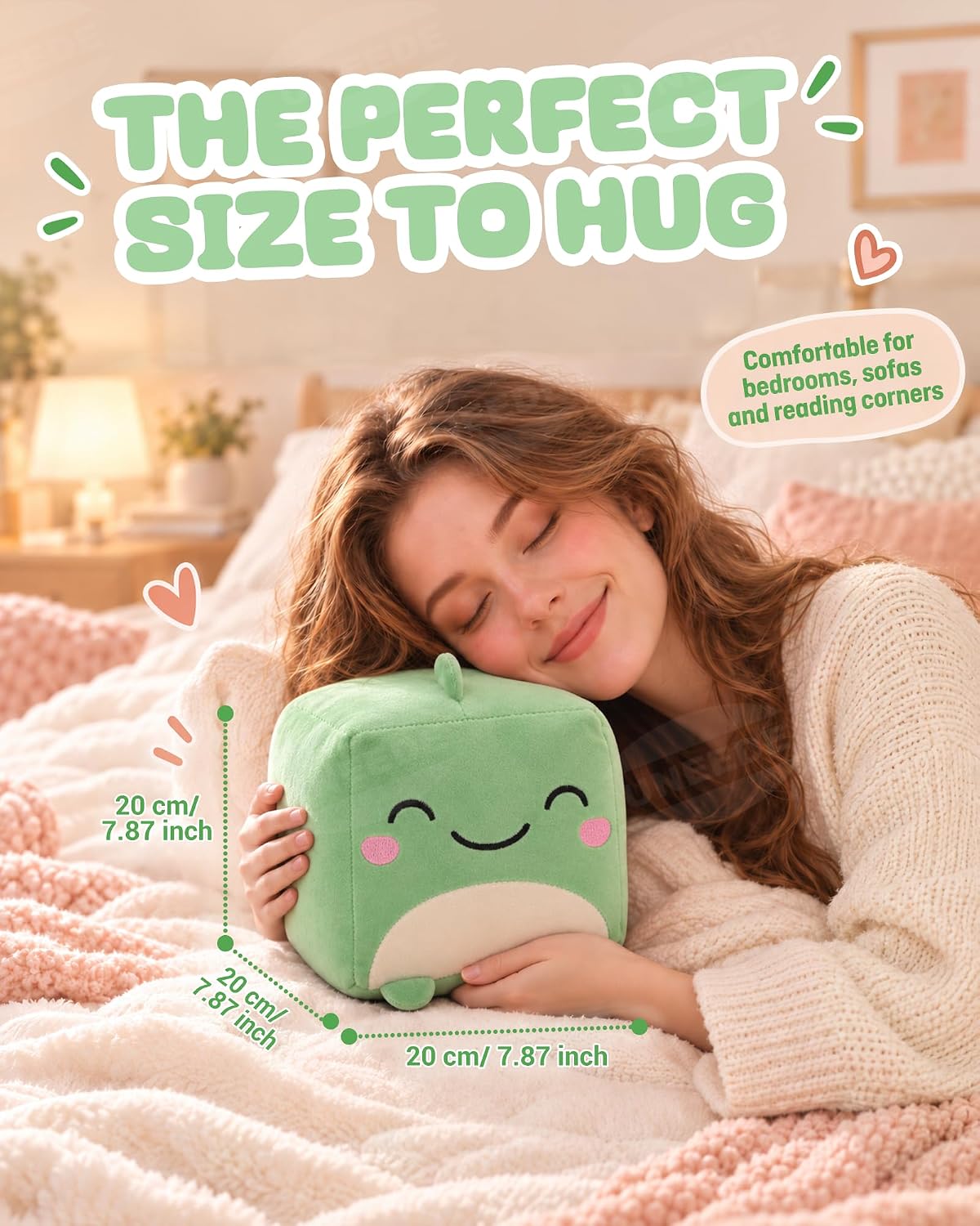 Dinosaur Plush, 7.87-Inch Cute Green Cube Stuffed Animal for Adults Soft Dino Plushie for Cozy Nights, Dorm Decor and Desk Setups,Gift for College Students and Plush Lovers