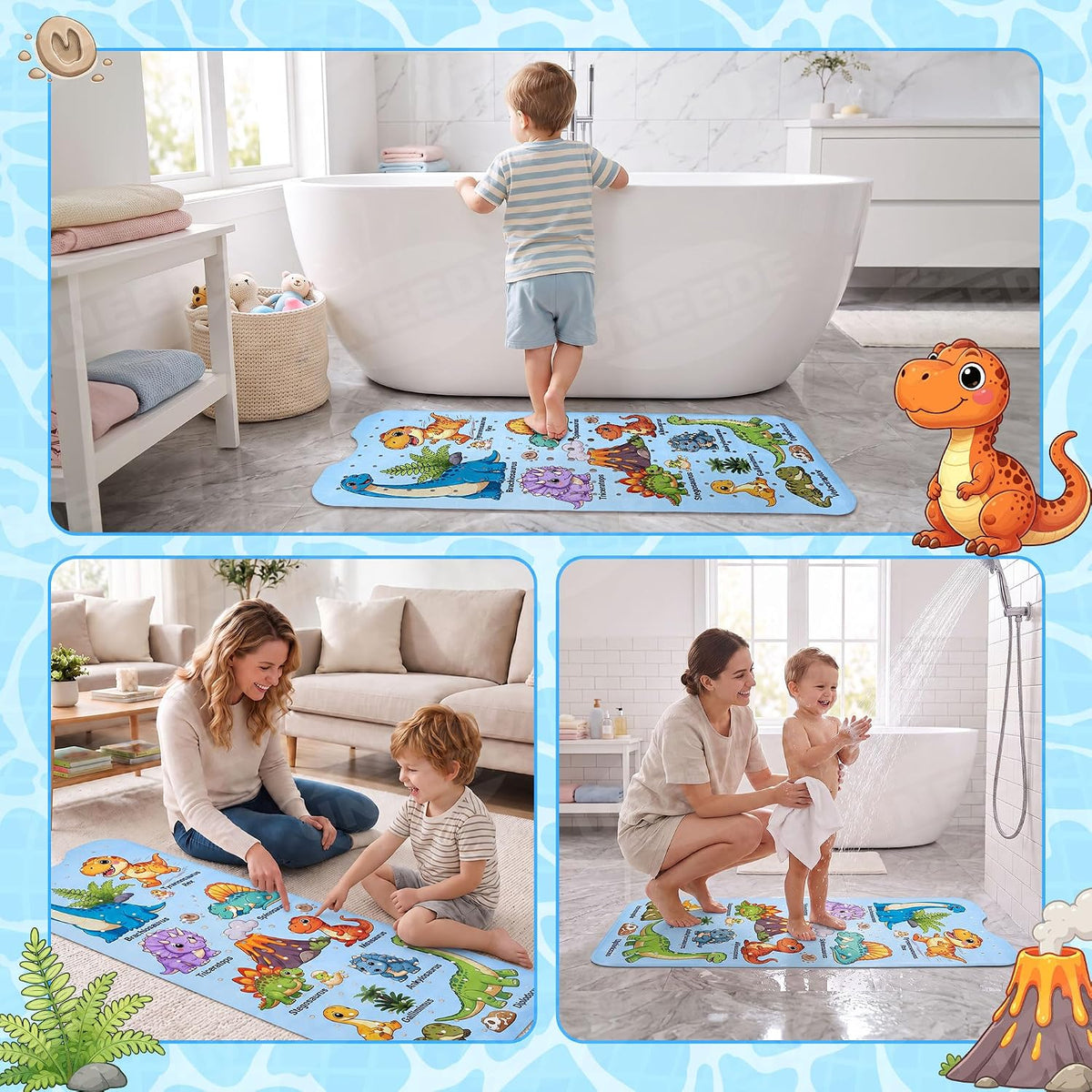 Baby Bathtub Mat Non Slip, Dinosaur Bath Mat for Tub 40"x16" 200 Suction Cups & 176 Drain Holes, Machine Washable, Quick Dry Shower Mat, Kids & Toddlers Bath Essentials, BPA Free