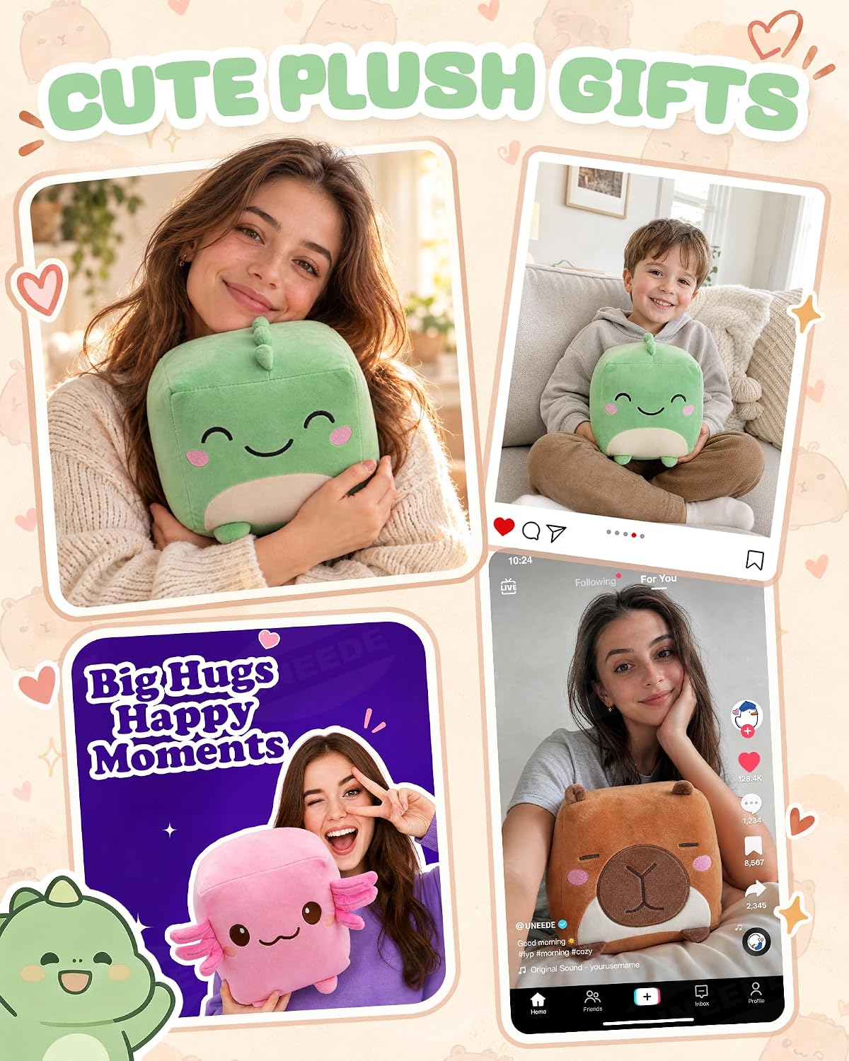 Dinosaur Plush, 7.87-Inch Cute Green Cube Stuffed Animal for Adults Soft Dino Plushie for Cozy Nights, Dorm Decor and Desk Setups,Gift for College Students and Plush Lovers