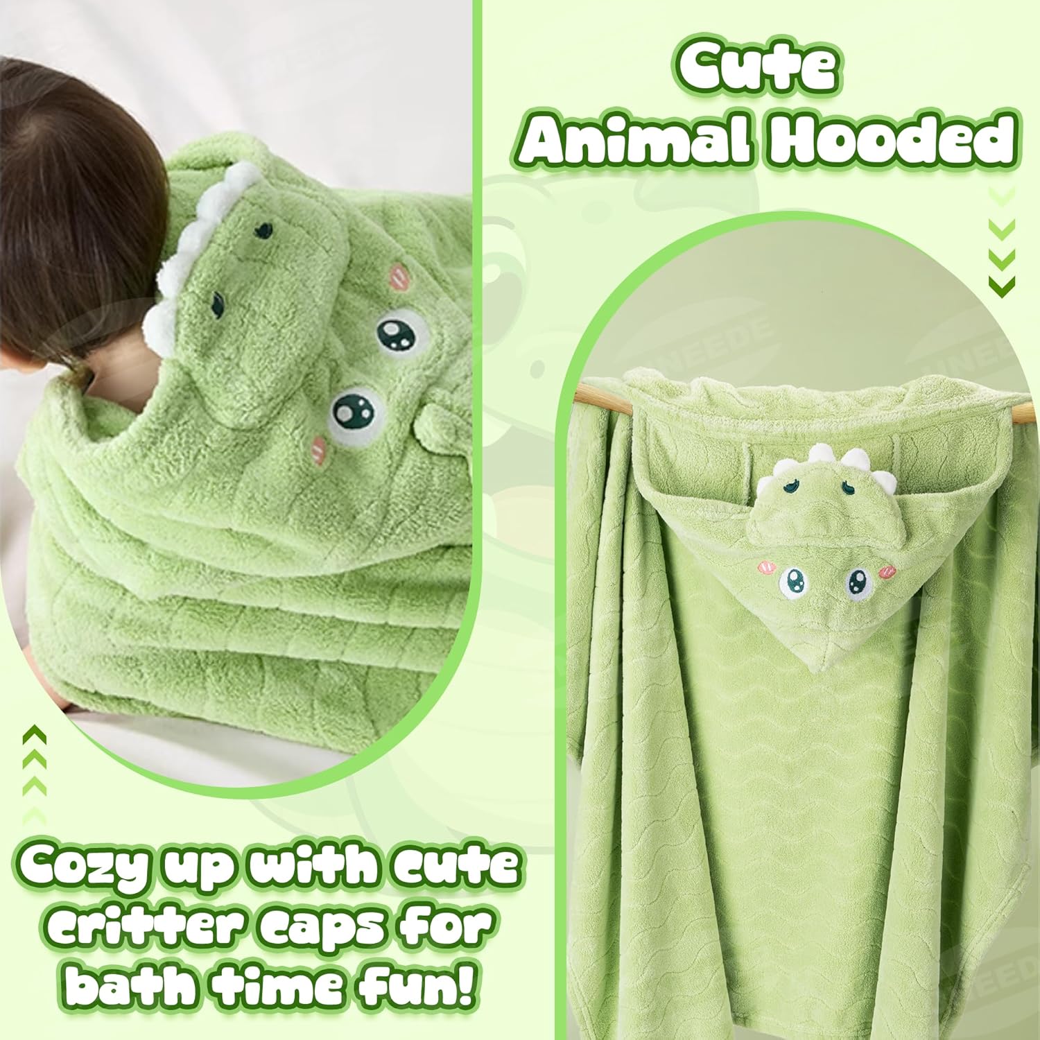 UNEEDE Green Dinosaur Bath Hooded Towel for Kids,Extra Soft and Fast Drying Poncho for Toddlers Age 3-10,Kids Beach Hooded Towel Polyester Size 31 x 47 in,Machine Washable Poncho for Bath Beach Pool