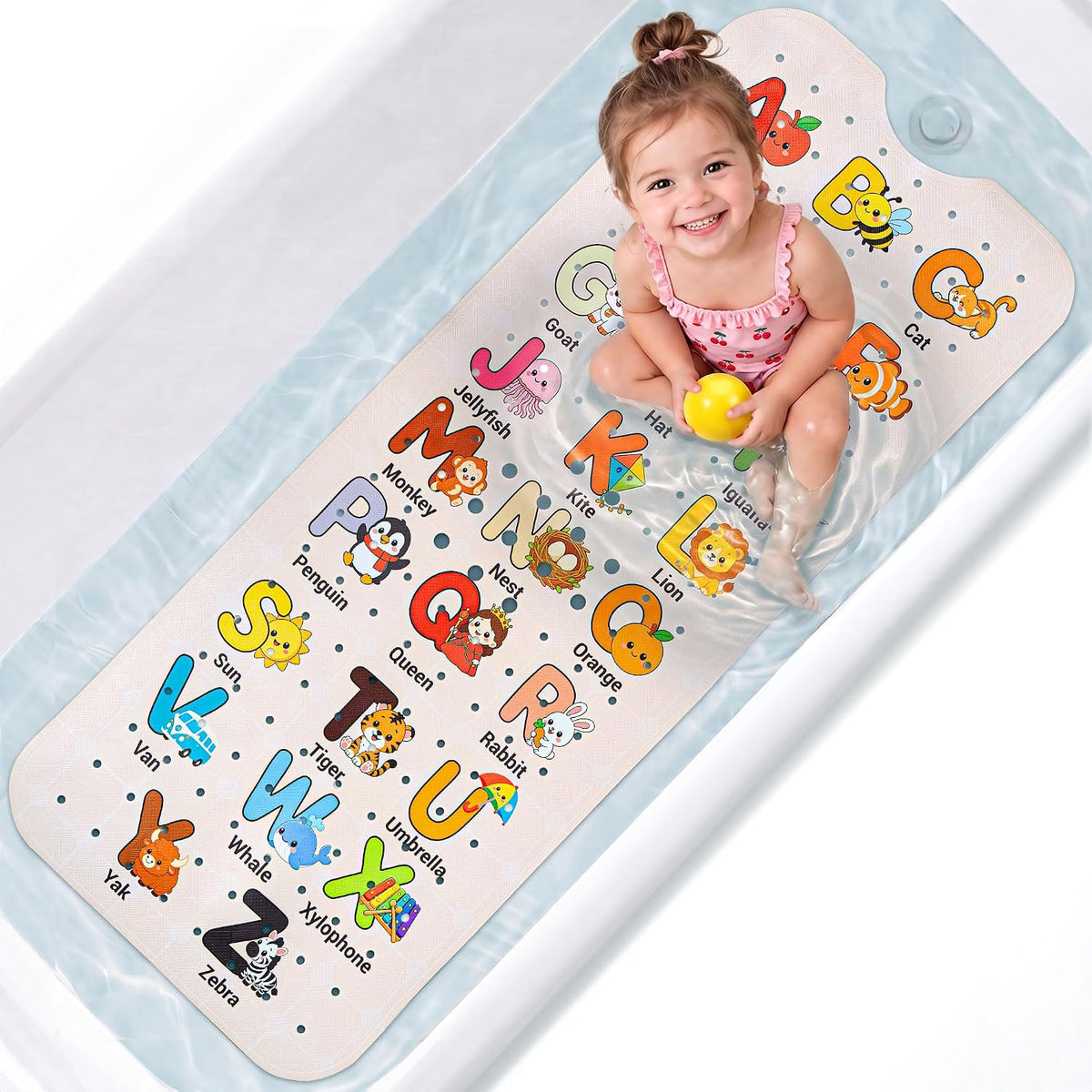 Baby Bathtub Mat Non Slip, Alphabet Bath Mat for Tub 40"x16" 200 Suction Cups & 176 Drain Holes, Machine Washable, Quick Dry Shower Mat, Kids & Toddlers Bath Essentials, BPA Free