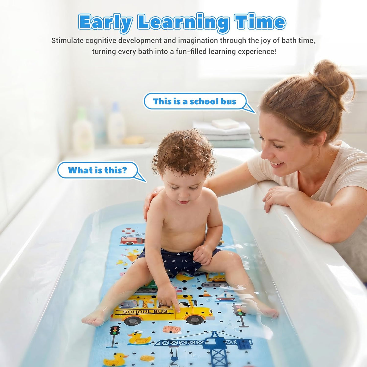 Baby Bathtub Mat Non Slip, 40x16'' Excavator Design Bath Mat for Tub 200 Suction Cups & 176 Drain Holes, Machine Washable, Quick Dry Shower Mat for Kids Bath Essentials, BPA Free