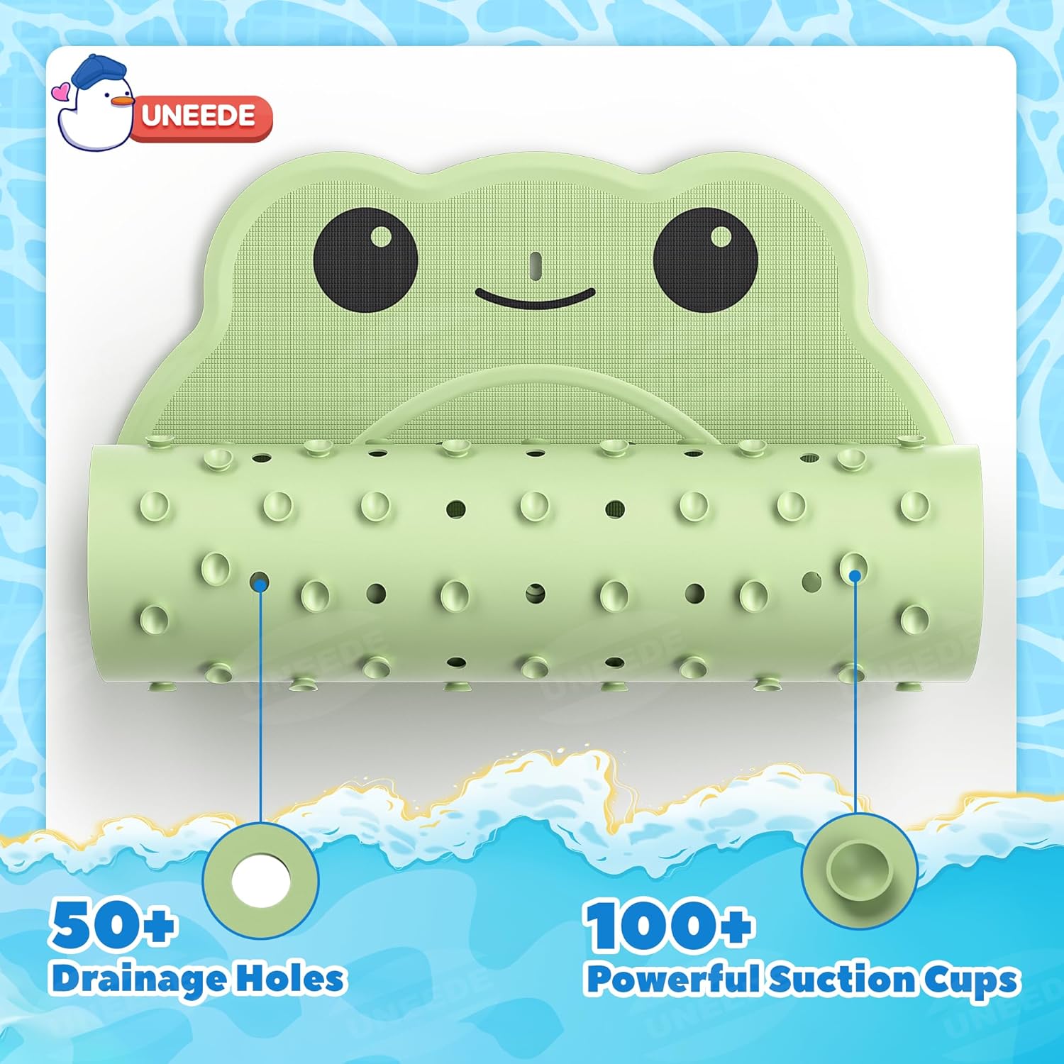 UNEEDE Green Frog Kids Bathtub Mat Non Slip Shower Mat for Toddlers, Washable Anti Slip Tub Surface, Soft Rubber Mat for Bathtub Shower, Waterproof Bathtub Essentials for Children