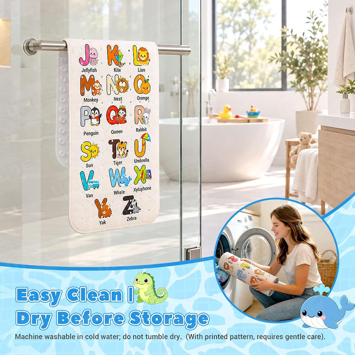 Baby Bathtub Mat Non Slip, Alphabet Bath Mat for Tub 40"x16" 200 Suction Cups & 176 Drain Holes, Machine Washable, Quick Dry Shower Mat, Kids & Toddlers Bath Essentials, BPA Free