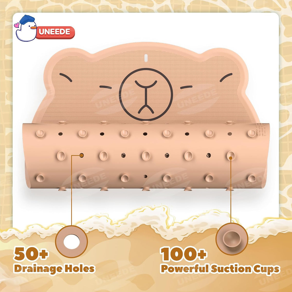 Kids Bathtub Mat Non Slip, Soft Rubber Shower Mat for Toddler Machine Washable Bath Mat with 100+ suction cups and 50+ Drainage Holes, 30"x18" Cute Capybara Design, Baby Bath Essentials