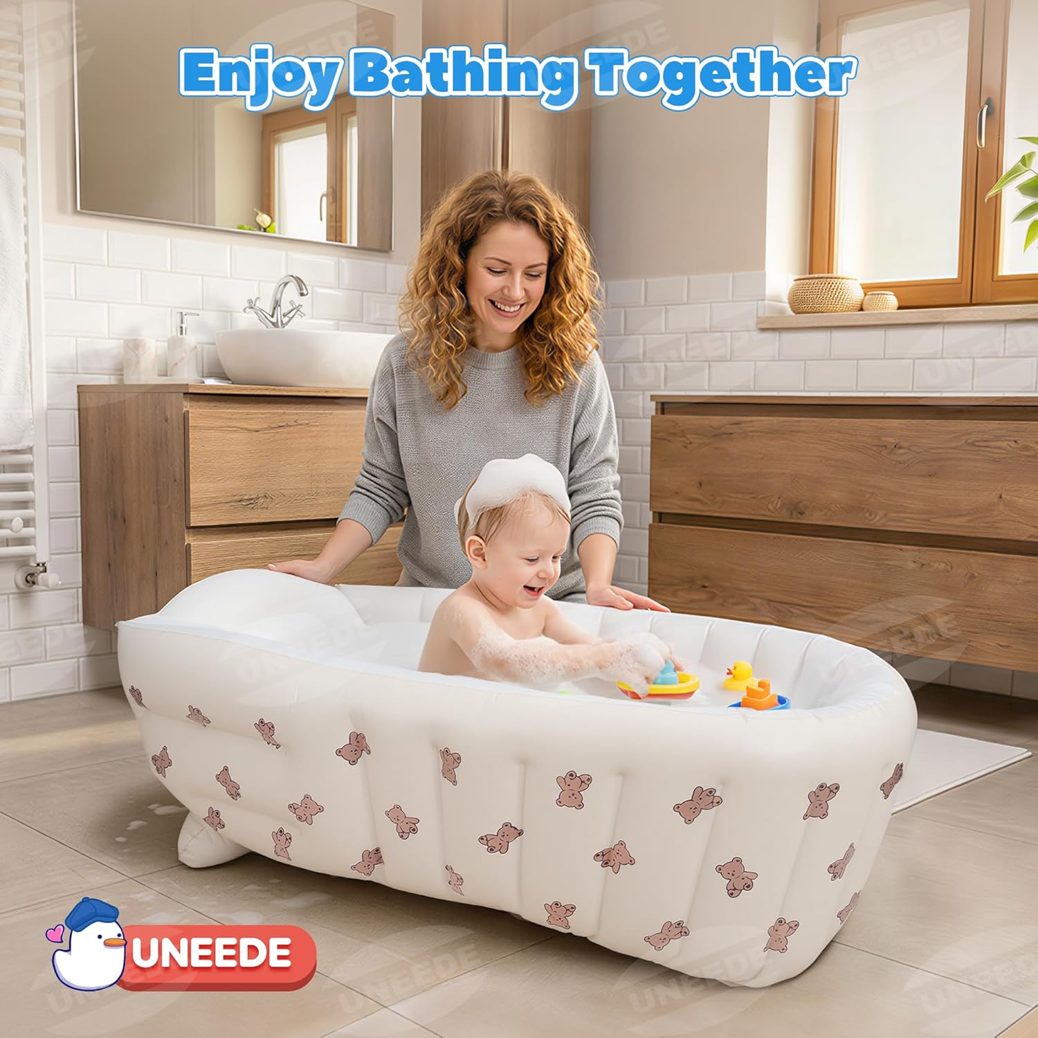 UNEEDE Inflatable Bathtub for Toddlers, Portable Baby Tub with Built-in Air Pump, Anti-Slip Design with Big Drain, Perfect for 0-6 Months Newborn and up, Ideal for Home Travel & Beach