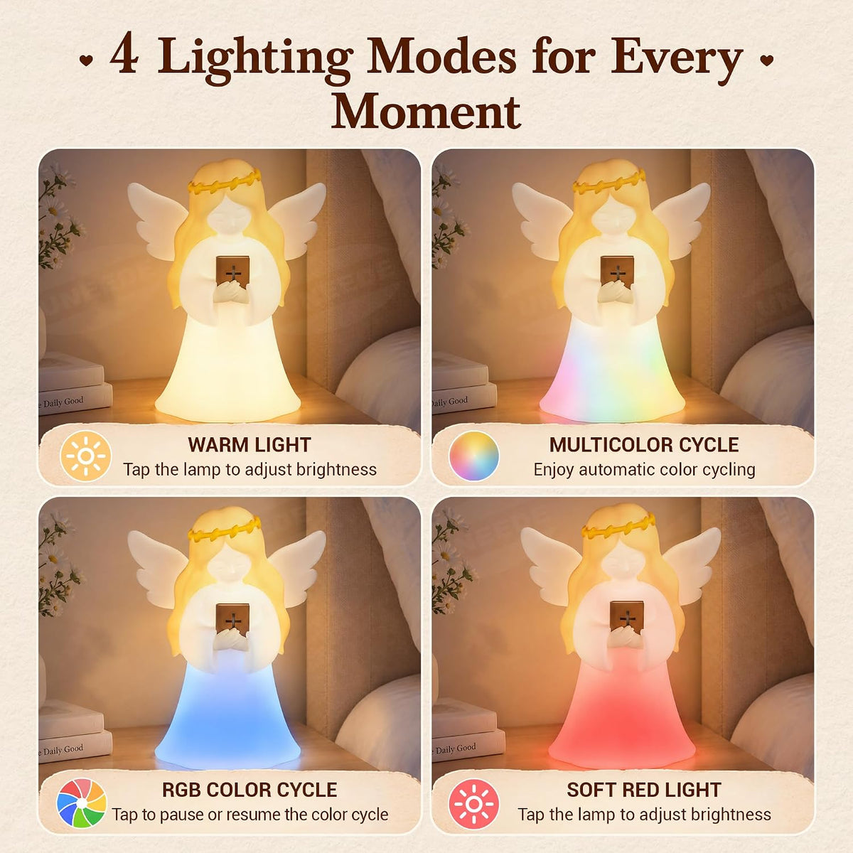 Angel Night Light with NFC Bible Verses, Bible-Holding Figurine Christian gift for women with 3 guided breathing patterns, 4 light modes, a rechargeable battery and an auto-off timer