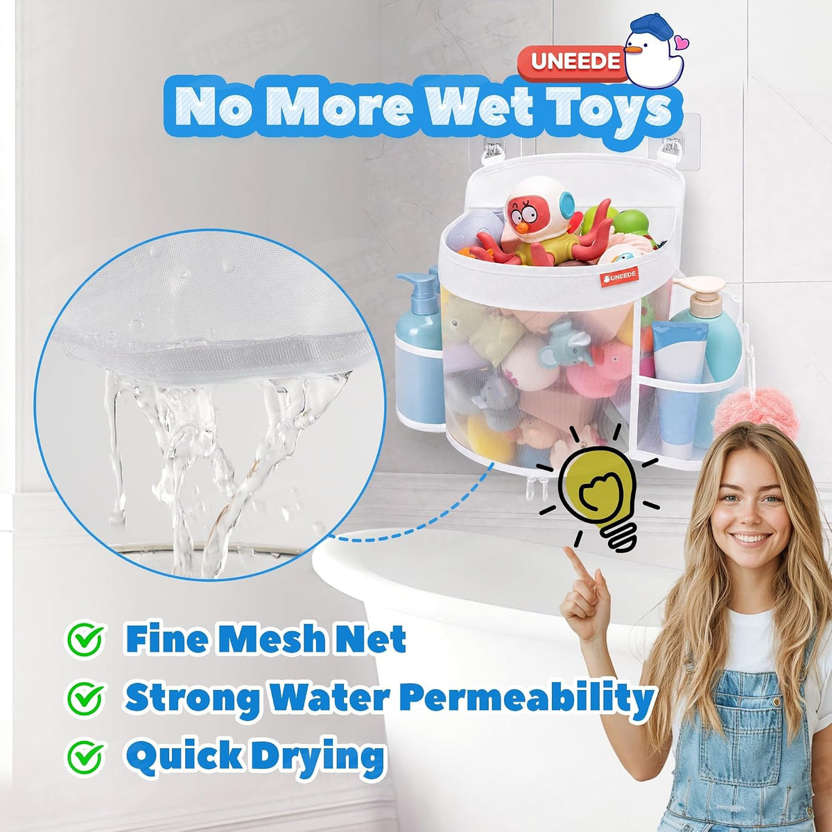 4.5 Gallons Bath Toy Storage with 2 Side Pockets, Quick-Dry Mesh Organizer Large-Opening Bath Toy Holder with Bottom Zipper for Easy Access, Space-Saving Organizer for Kids Bathtubs