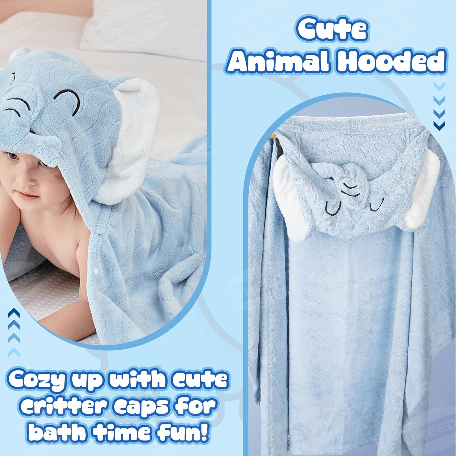UNEEDE Blue Elephant Bath Hooded Towel for Kids,Extra Soft and Fast Drying Poncho for Toddlers Age 3-10,Kids Beach Hooded Towel Polyester Size 31 x 47 in,Machine Washable Poncho for Bath Beach Pool