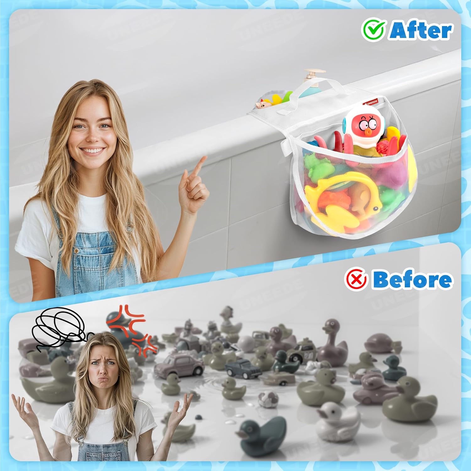 UNEEDE Bath Toy Storage Saddle Shape 2 Compartments,Quick Access丨Wide Opening Bathtub Toy Organizer for Tub,Nylon Mesh Shower Holder and Tub Storage Organizer for Kids,Easy to Clean and Install