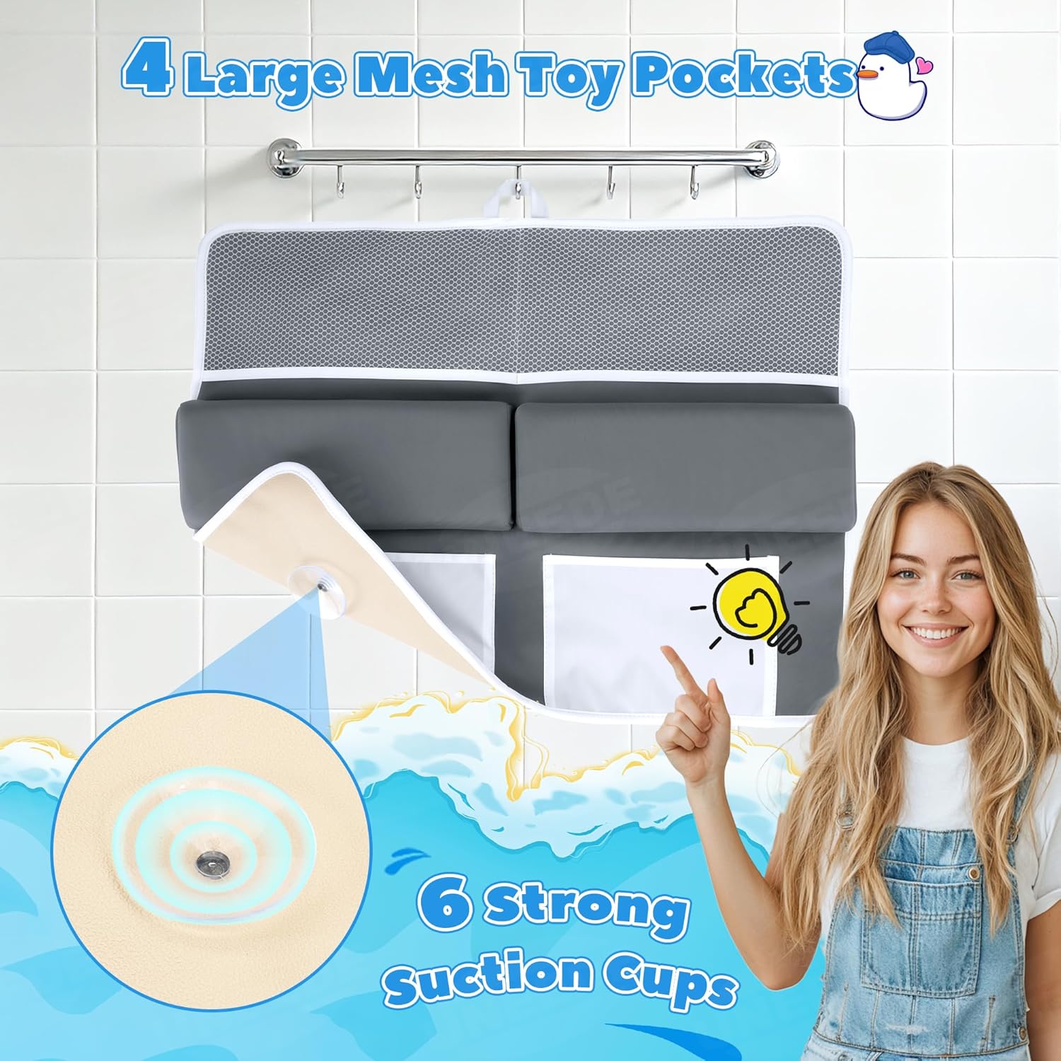 UNEEDE Baby Bath Kneeler and Elbow Rest Pad Set, 1.5” Thick Memory Foam Bath Kneeling Pad with Elbow Support, Bathtub Mat with Toy Organizer for Bathing Infant or Toddler, Grey