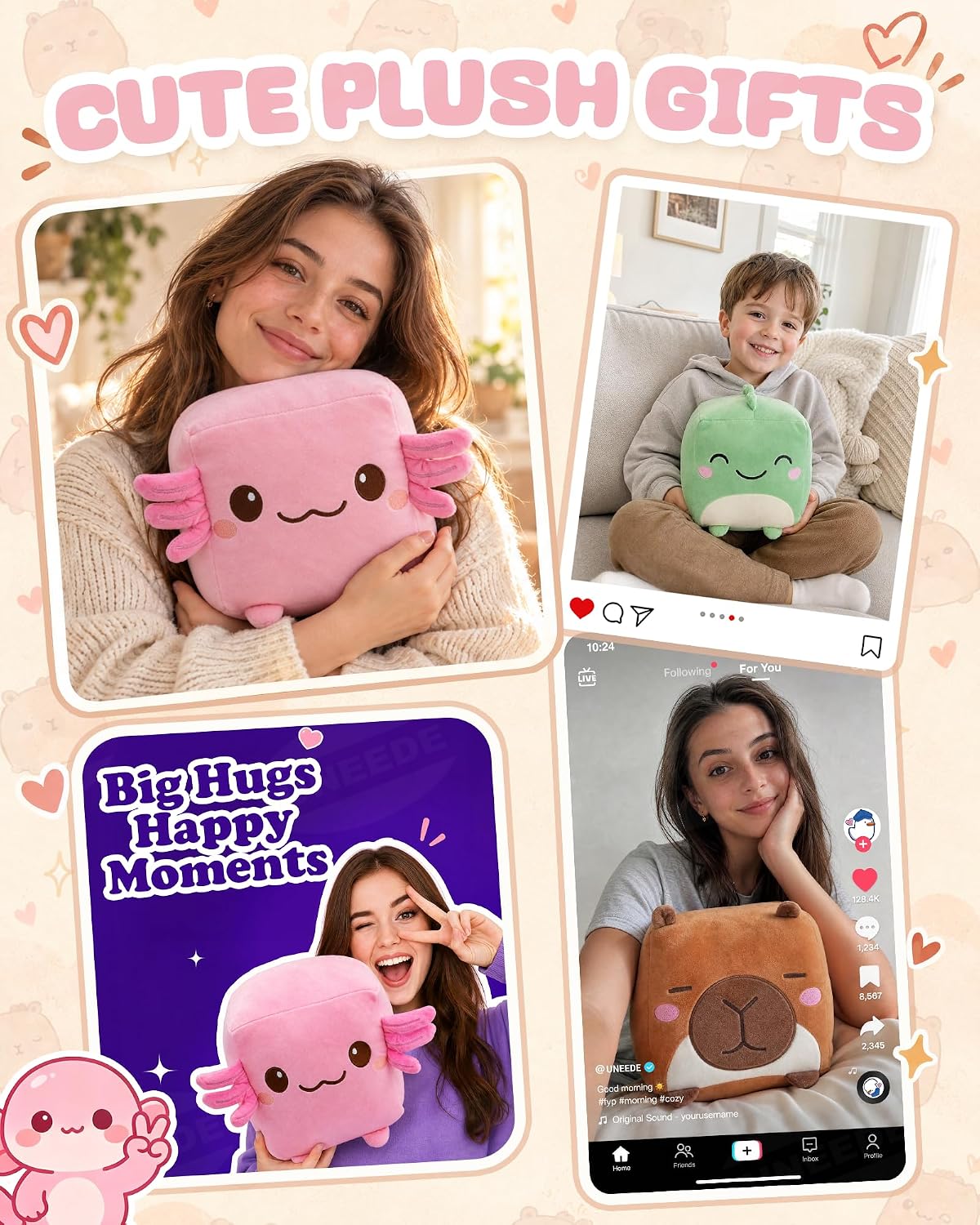 Axolotl Plush, 7.87-Inch Cute Pink Cube Stuffed Animal for Adults Soft Axolotl Soft Toy for Cosy Nights, Dorm Decor and Desk Setups,Gift for University Students and Soft Toy Lovers