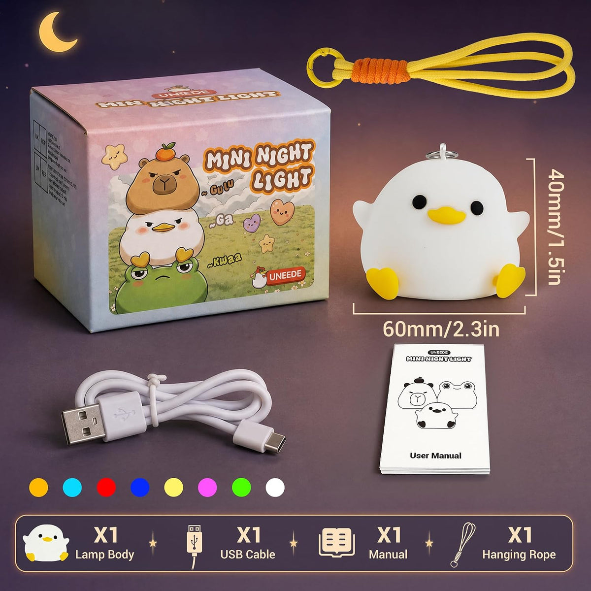 Mini Duck Night Light with Lanyard, 8 Color Changing Rechargeable Portable Mini Night Light for Kids, Soft Silicone Duck Squishy Cute Lamp for Bedroom & Camping, Gifts