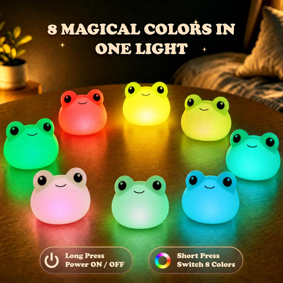 Mini Frog Night Light with Lanyard, 8 Color Changing Rechargeable Portable Mini Kids Night Light , Soft Silicone Cute Lamp for Bedroom & Camping,Gifts