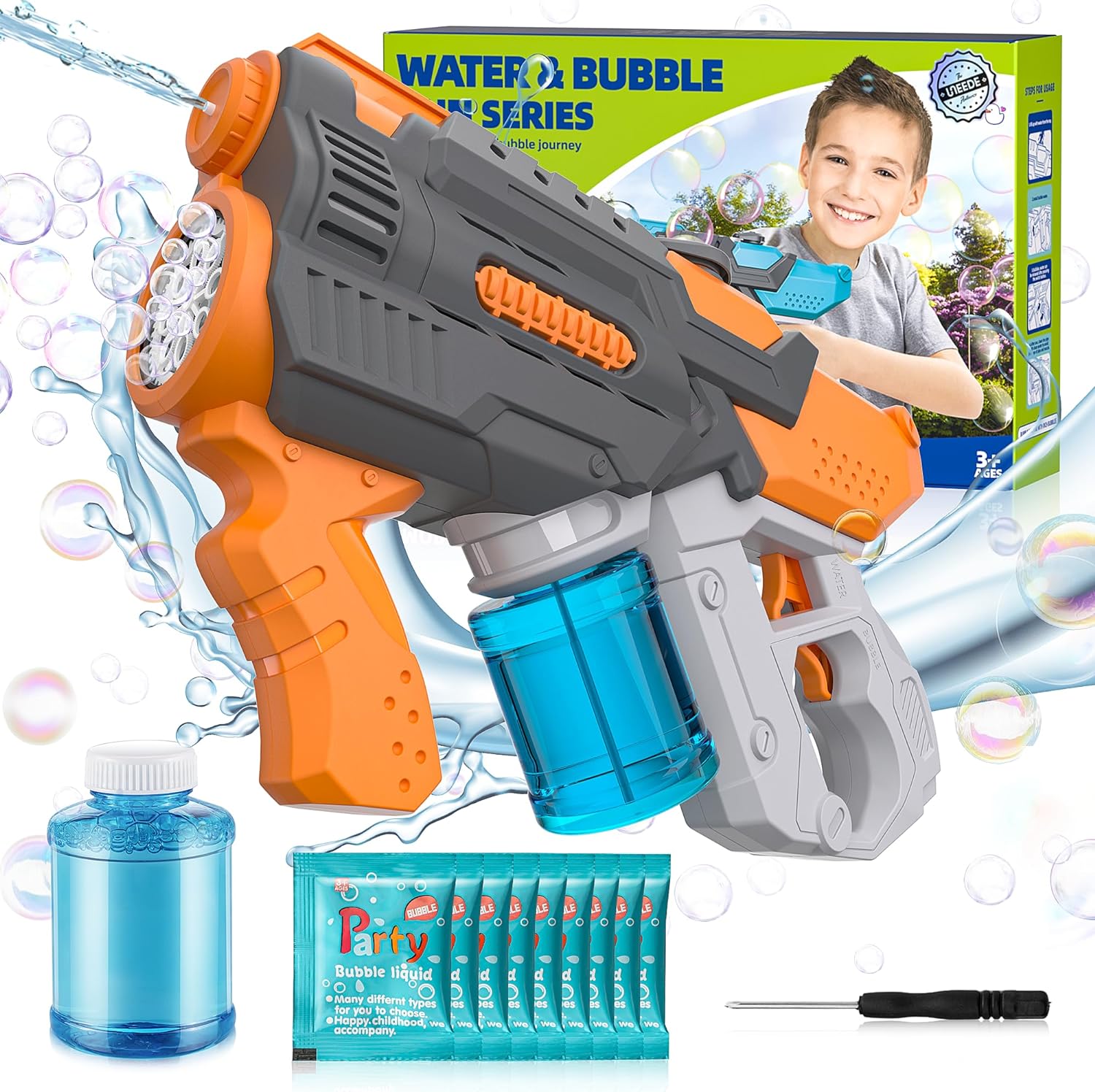 UNEEDE Electric Water Gun & Bubble Machine 2 in 1 Automatic Bubble Maker & Water Squirt Gun with 32FT Range for Summer Outdoor Pool Beach Ideals Gift for Adult for Kids Ages 4-8 8-12