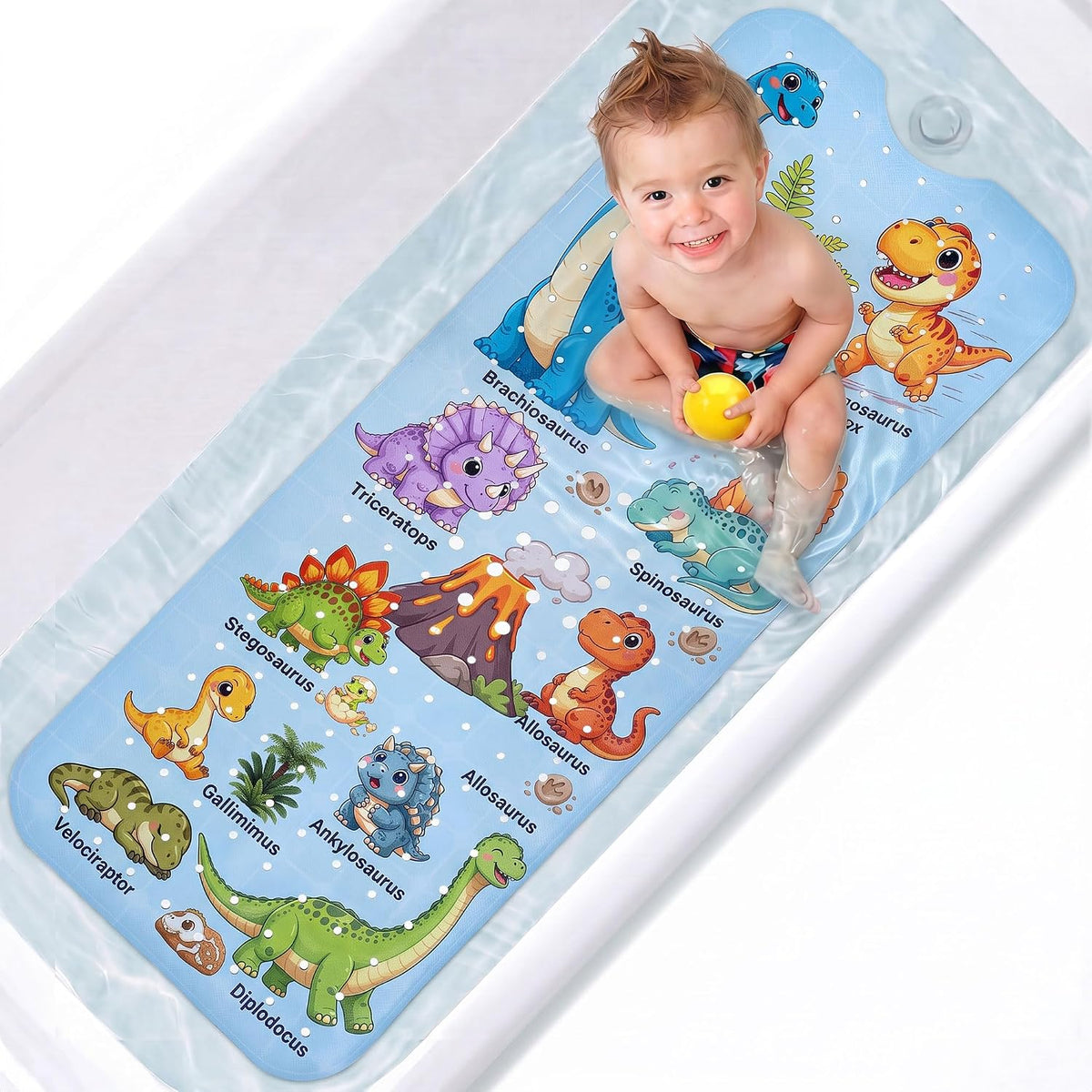 Baby Bathtub Mat Non Slip, Dinosaur Bath Mat for Tub 40"x16" 200 Suction Cups & 176 Drain Holes, Machine Washable, Quick Dry Shower Mat, Kids & Toddlers Bath Essentials, BPA Free